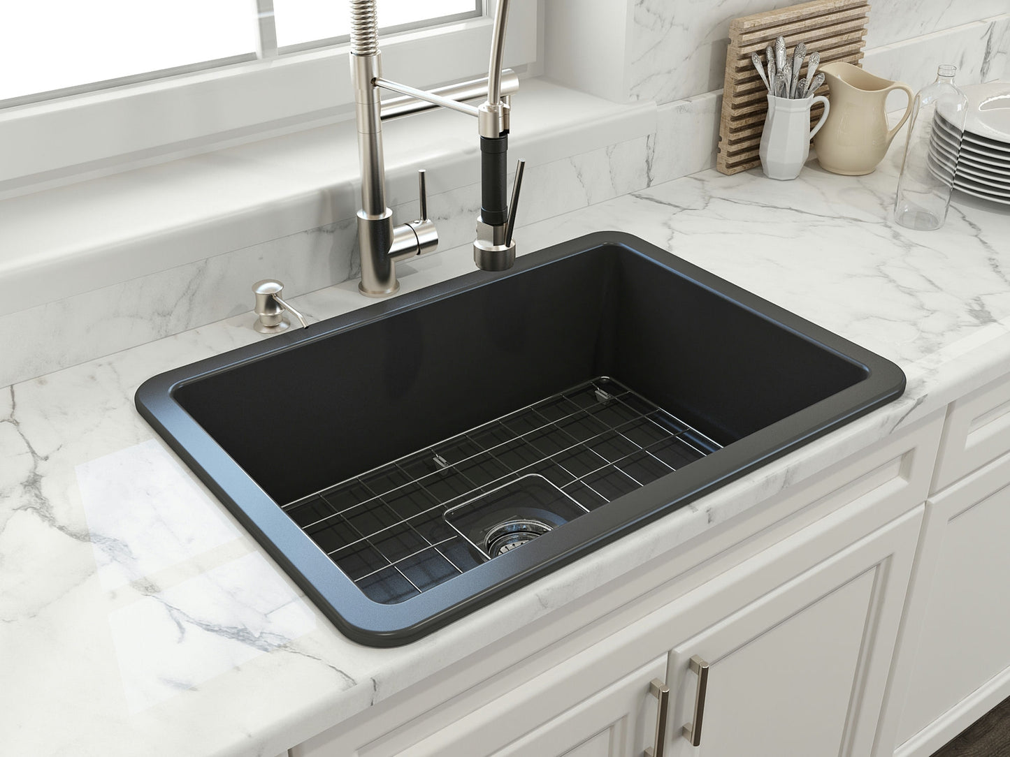 Sotto Dual-mount Fireclay 27" Single Bowl Kitchen Sink in Matte Dark Gray