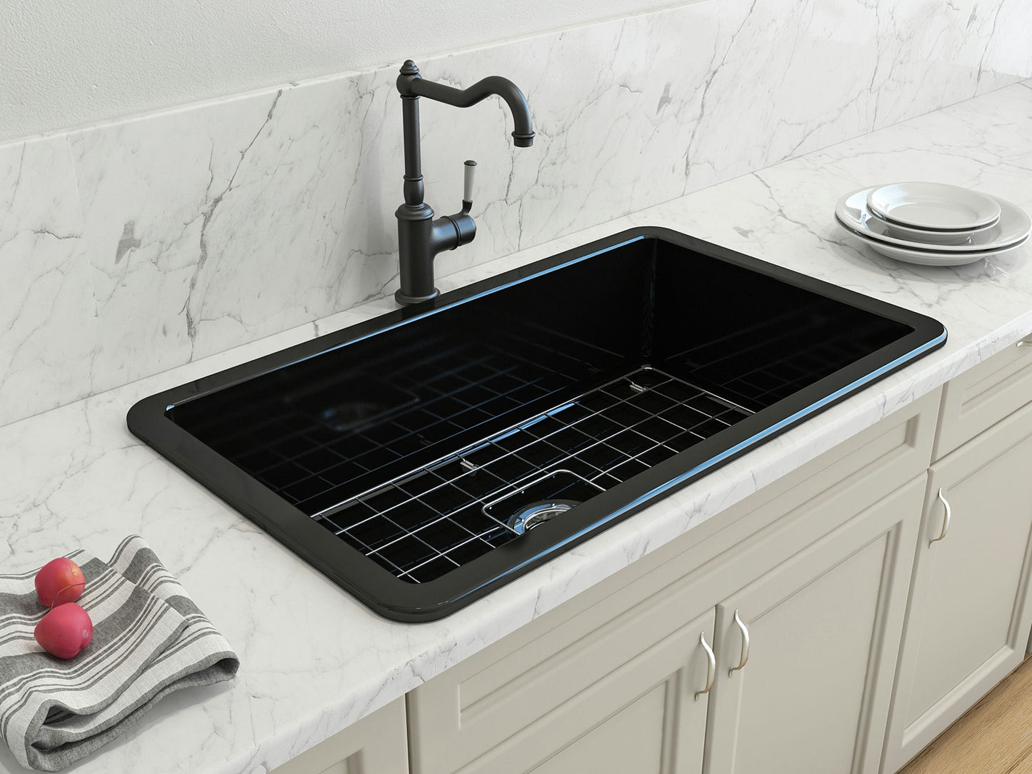 Sotto Dual-mount Fireclay 32" Single Bowl Kitchen Sink in Black