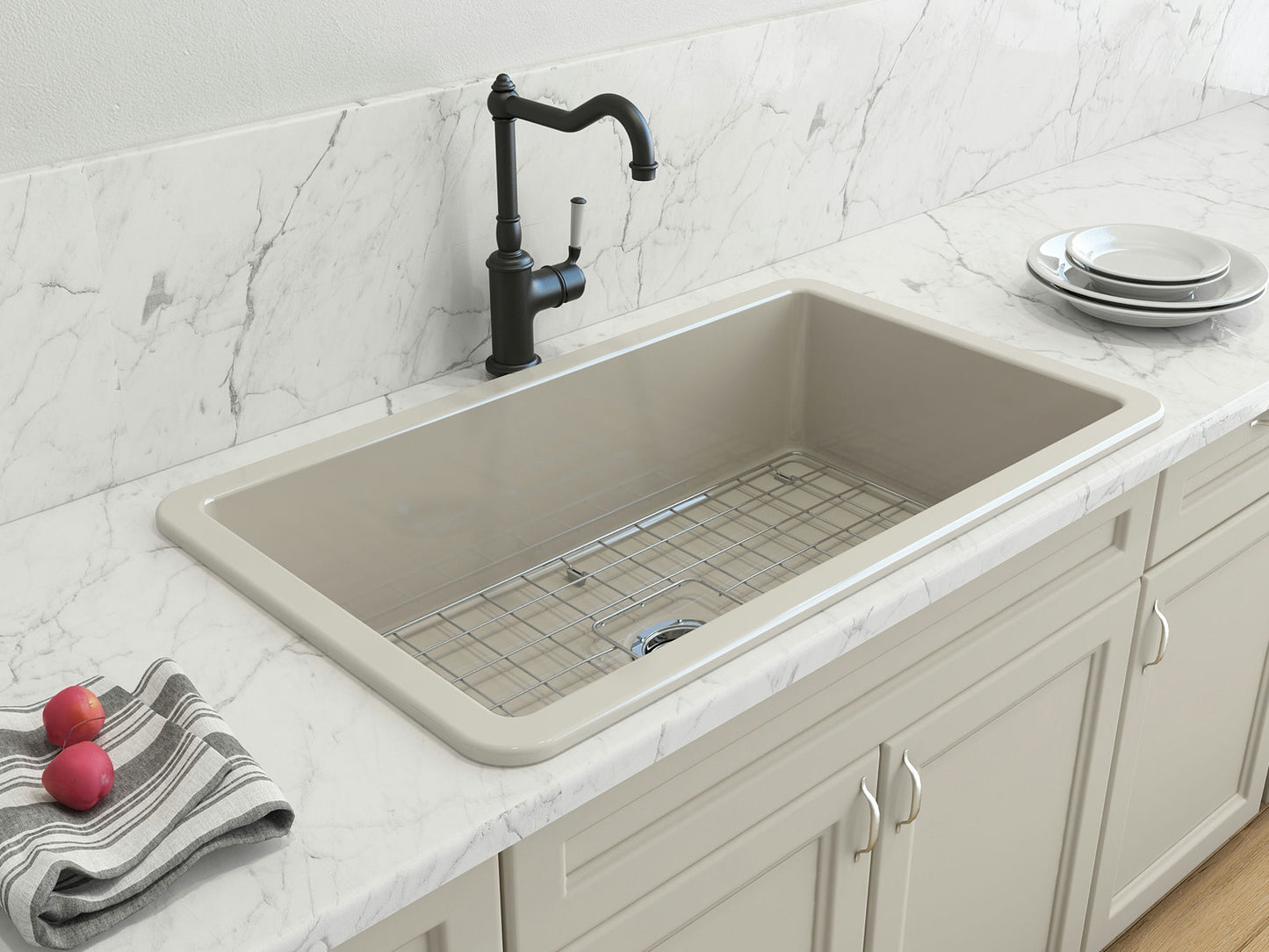 Sotto Dual-mount Fireclay 32" Single Bowl Kitchen Sink in Biscuit