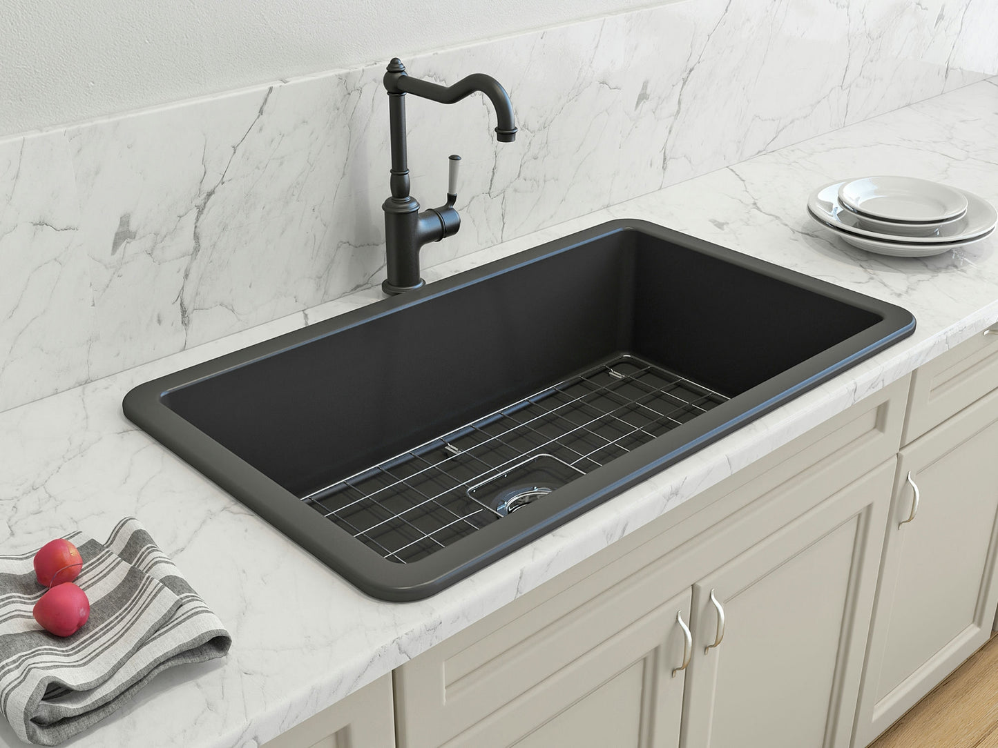Sotto Dual-mount Fireclay 32" Single Bowl Kitchen Sink in Matte Dark Gray