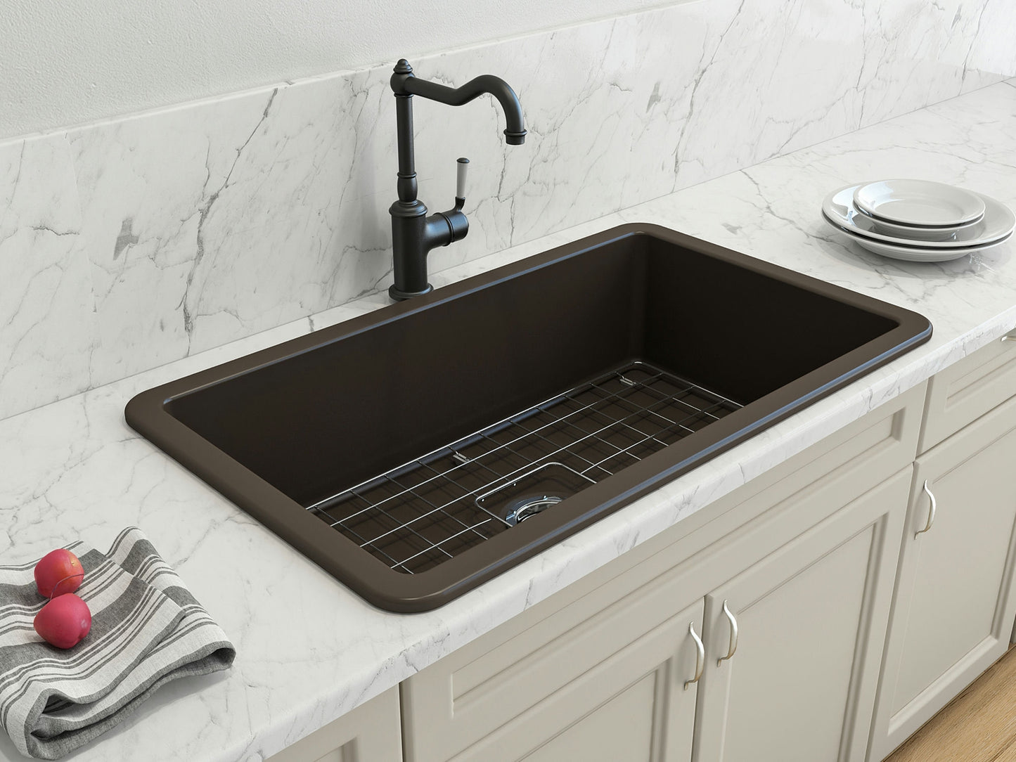 Sotto Dual-mount Fireclay 32" Single Bowl Kitchen Sink in Matte Brown