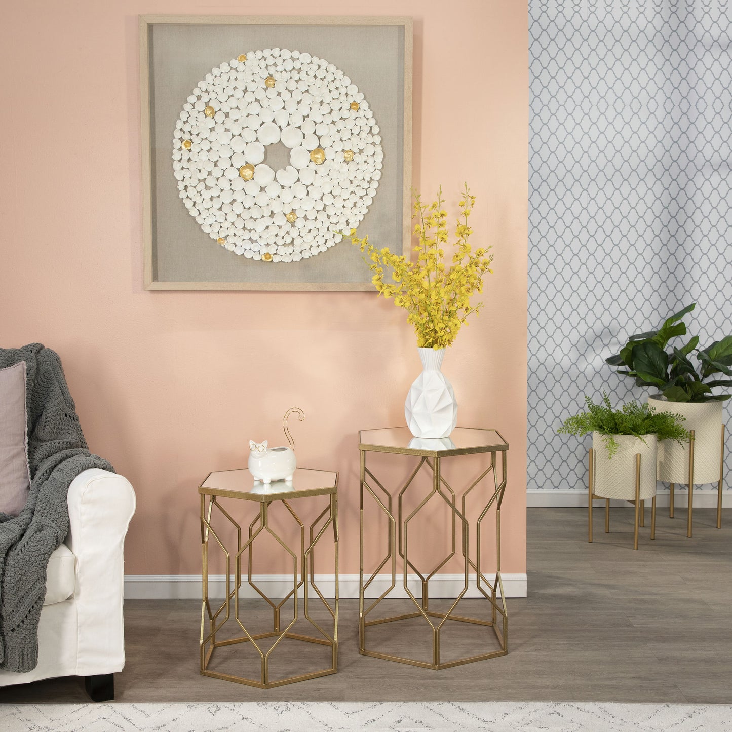 S/2 Mirrored Hexagon Accent Tables 25/21" Gold