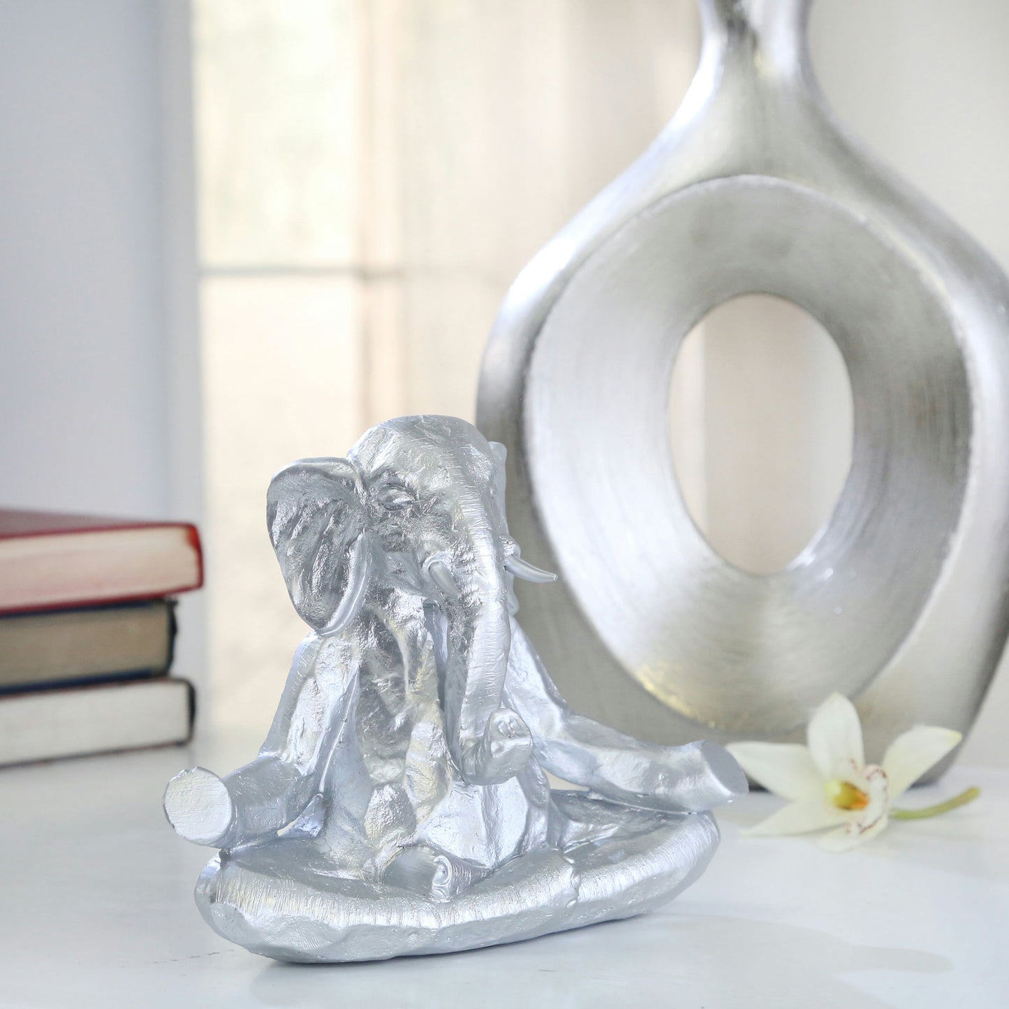 Polyresin 8" Meditating Elephant, Silver