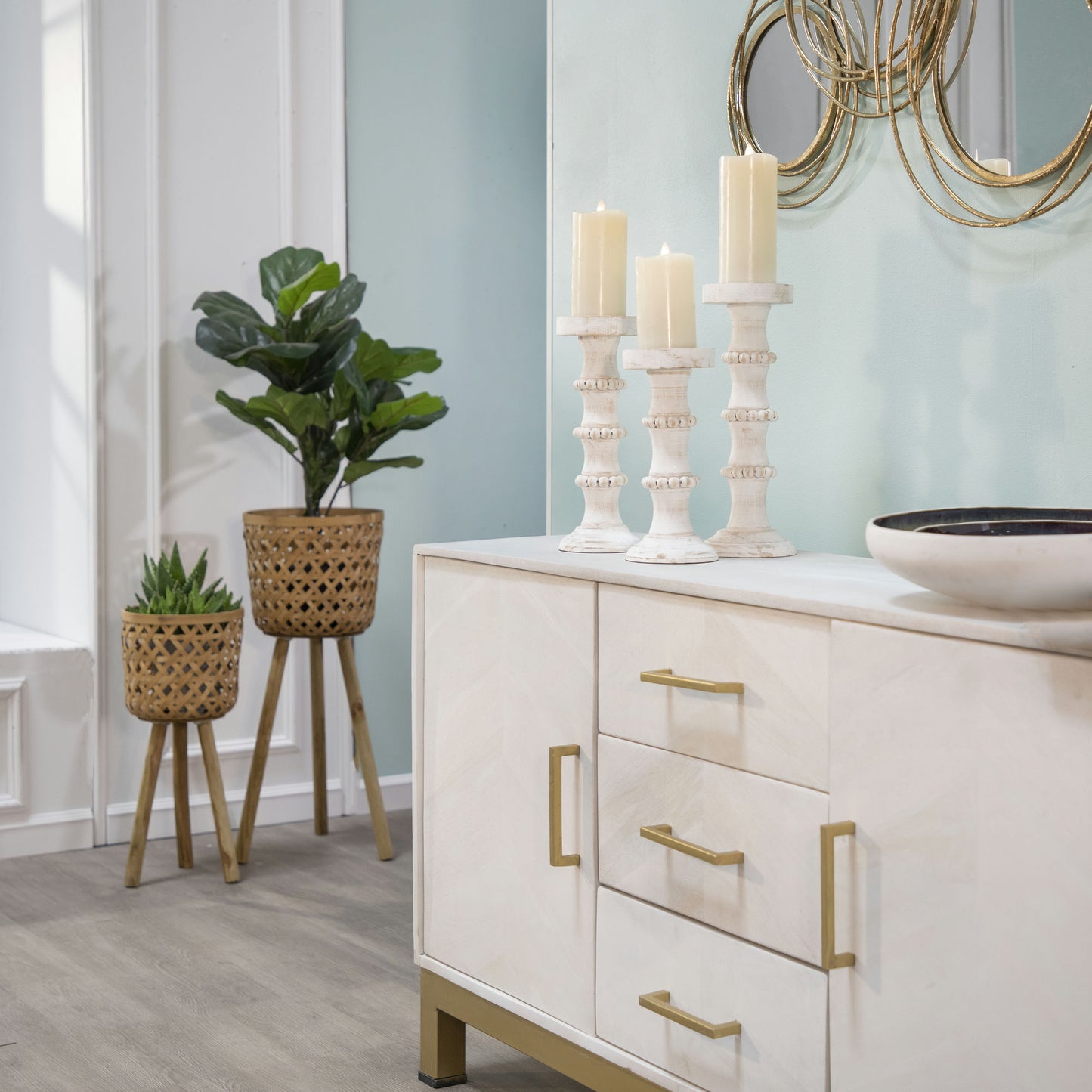 Wood, 11" Antique Style Candle Holder, White