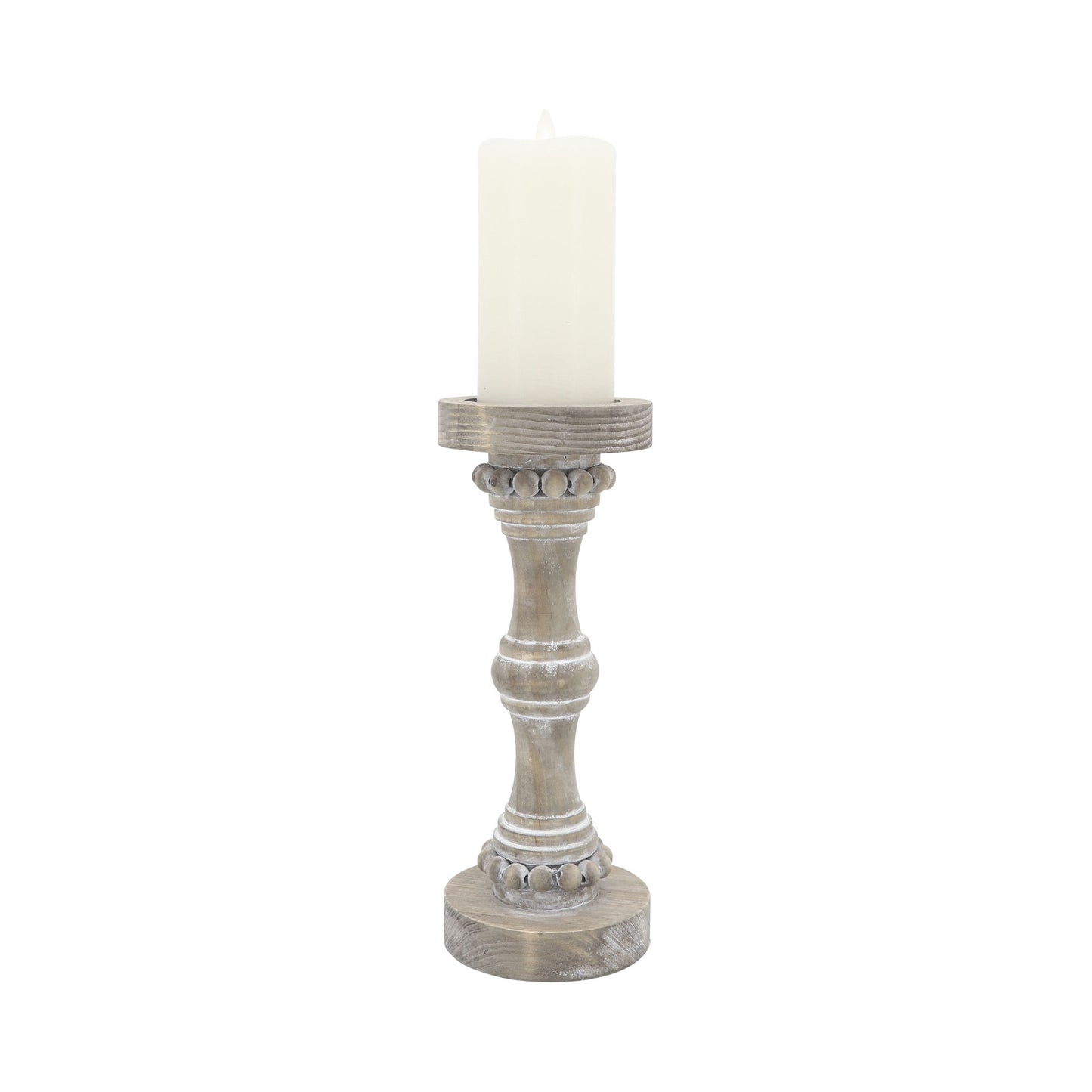 Wood, 13" Banded Bead Candle Holder, Antique White