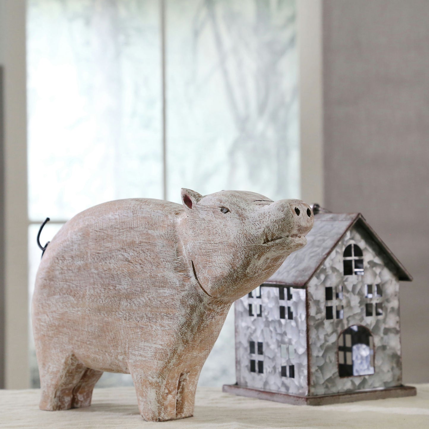 Mango Wood Standing Pig, Whitewash