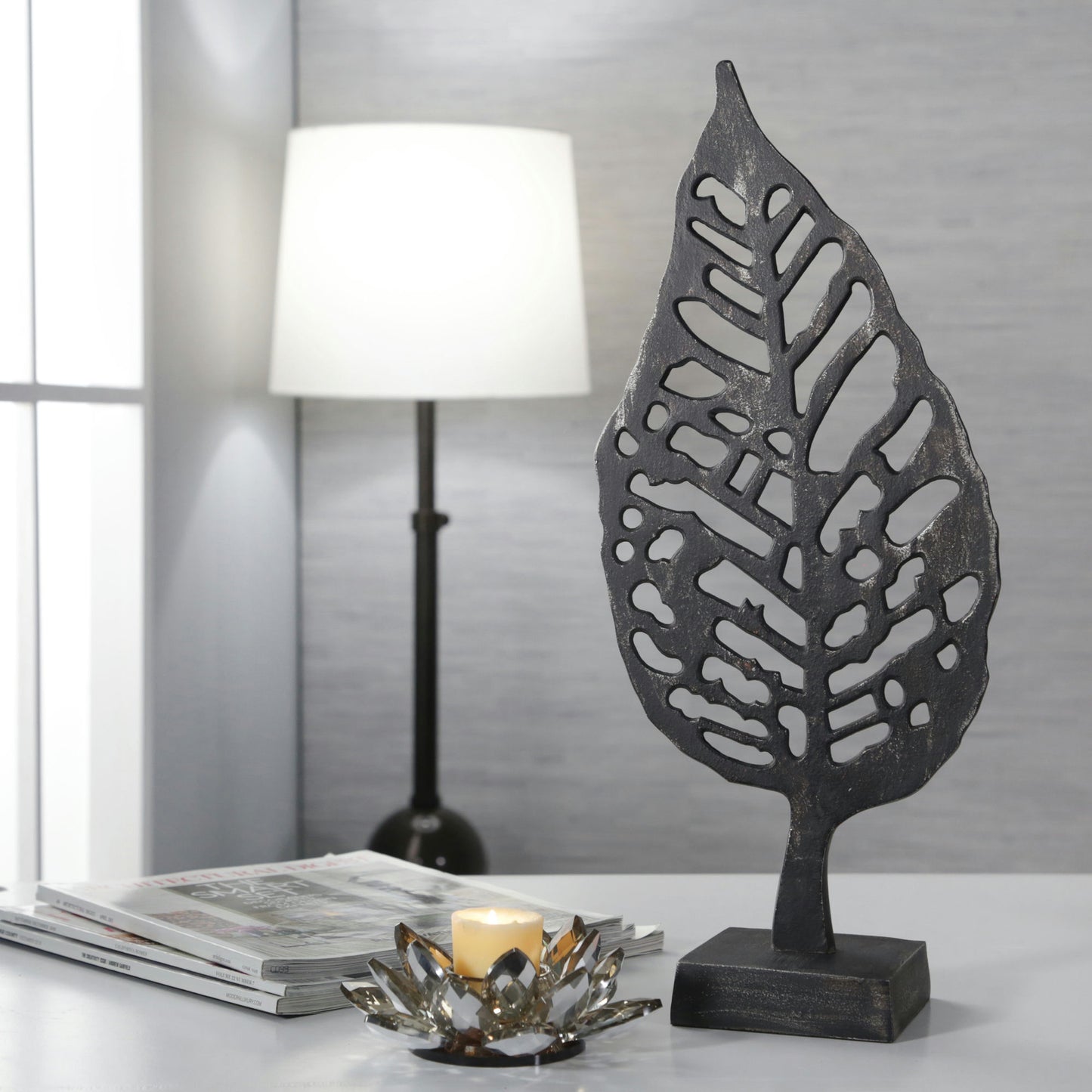 Aluminum Leaf On Stand, 18" Black Antique