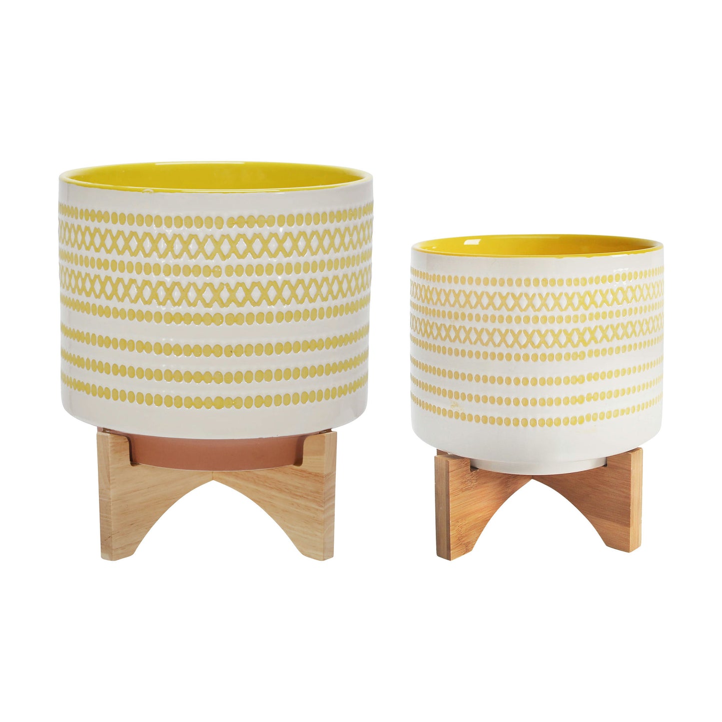 Ceramic S/2 8/10" Planter On Stand W/ Dots, Yellow