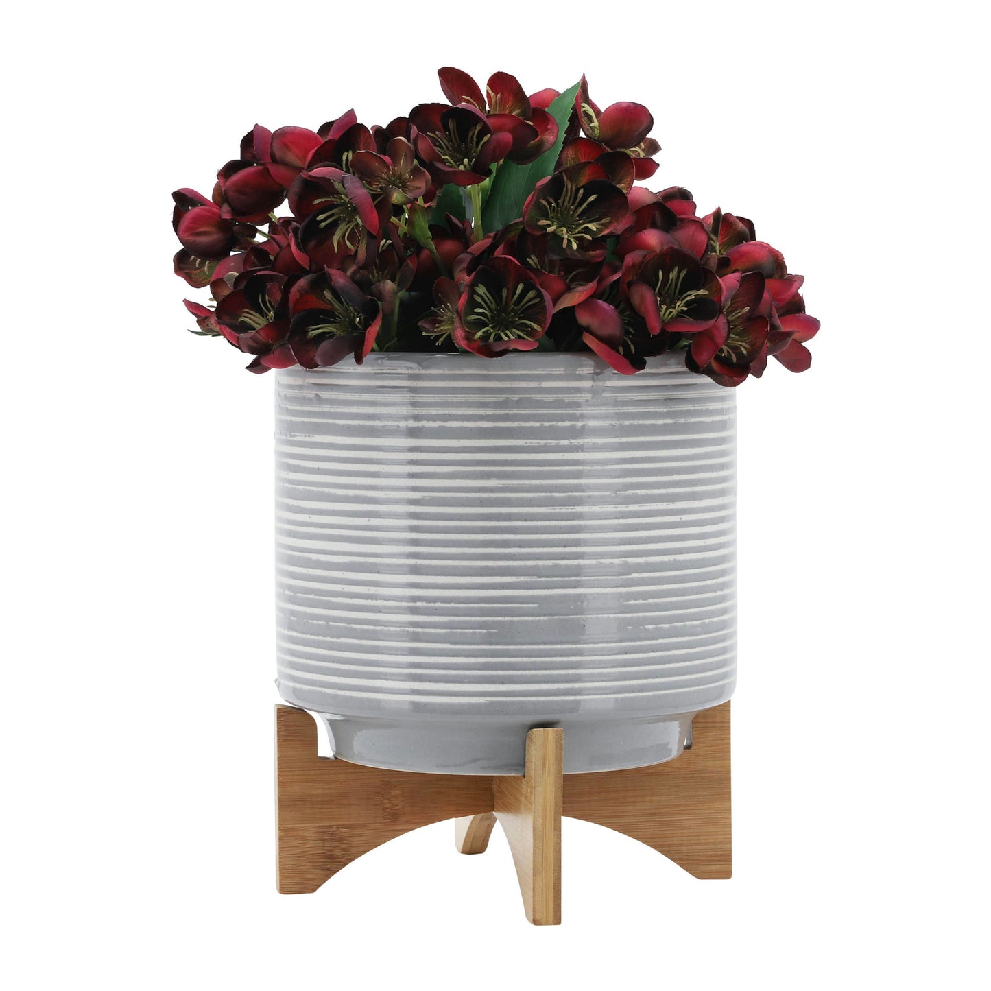 Ceramic 10" Planter On Stand, Gray Lines