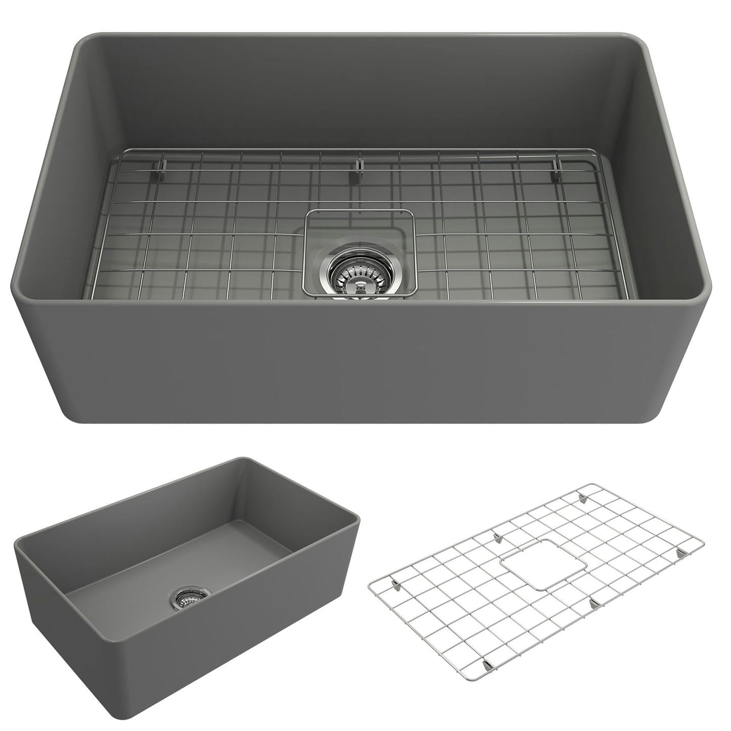 Aderci Ultra-Slim Farmhouse Apron Front Fireclay 30" Kitchen Sink in Matte Gray