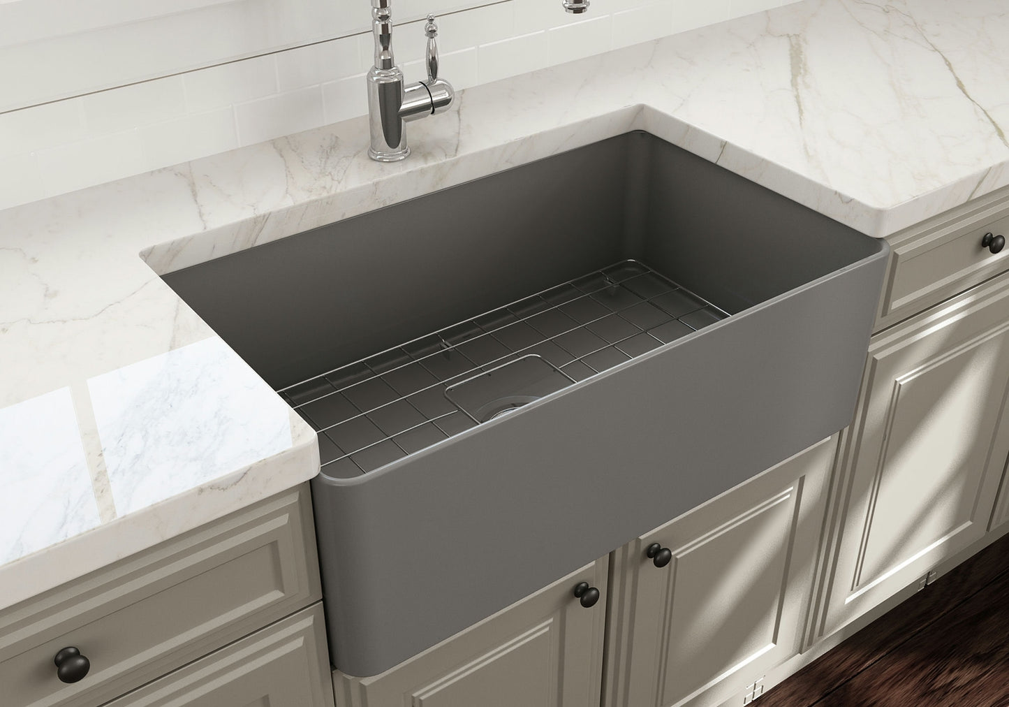 Aderci Ultra-Slim Farmhouse Apron Front Fireclay 30" Kitchen Sink in Matte Gray