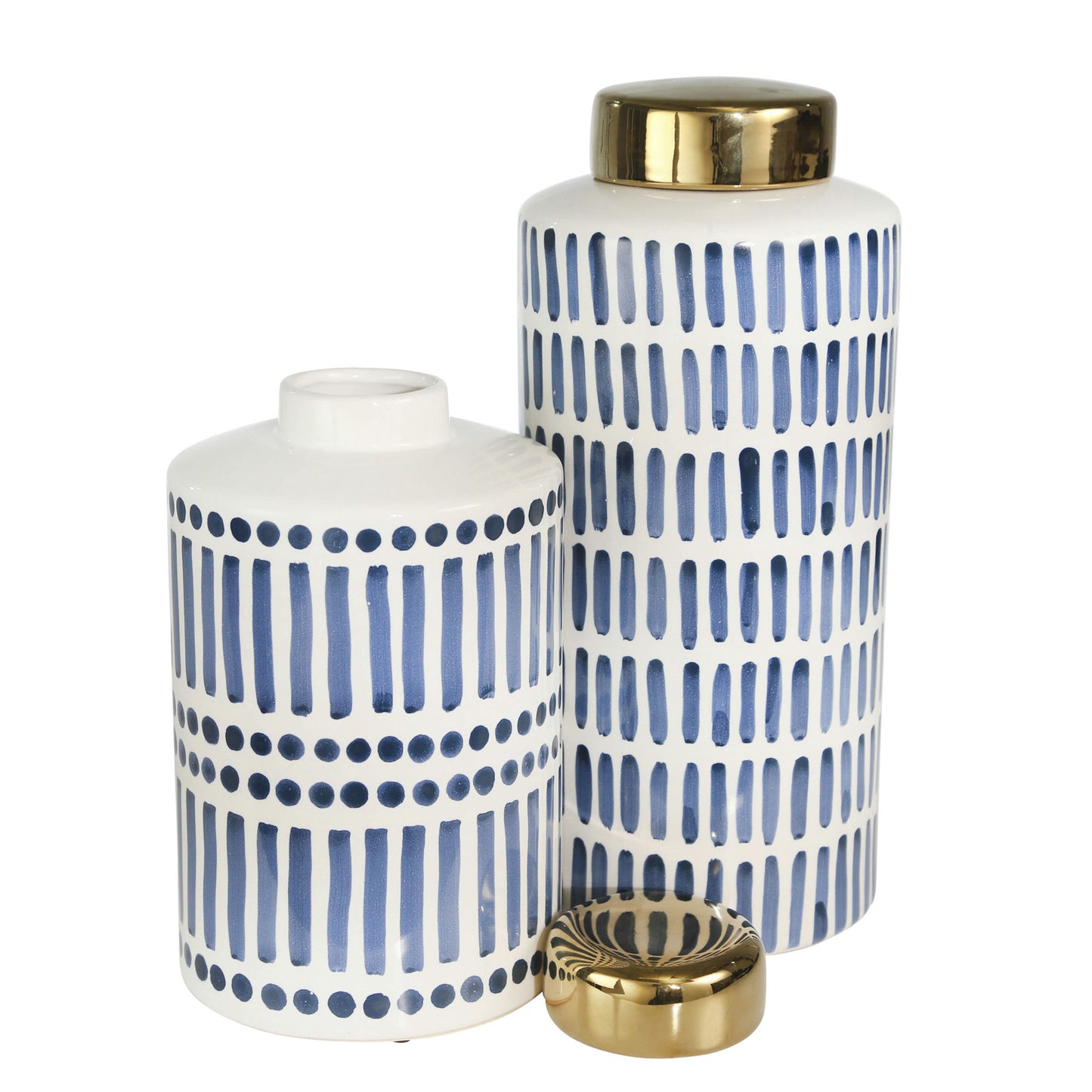 Ceramic 9" Jar With Gold Lid, Blue