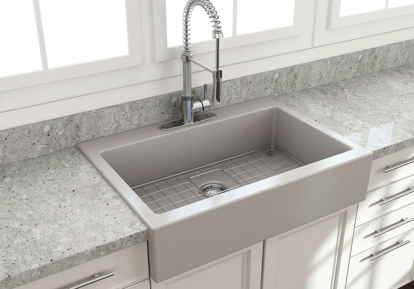 Nuova Apron Front Drop-In Fireclay 34" Single Bowl Kitchen Sink in Matte Gray
