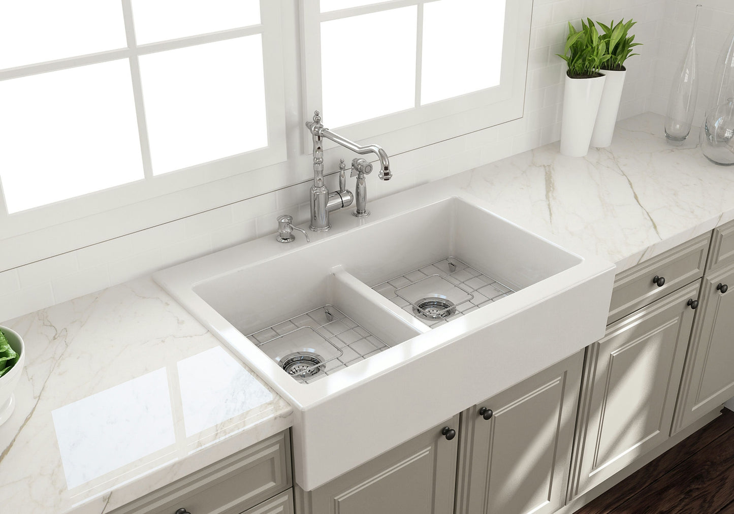 Nuova Apron Front Drop-In Fireclay 34" 50/50 Double Bowl Kitchen Sink in White