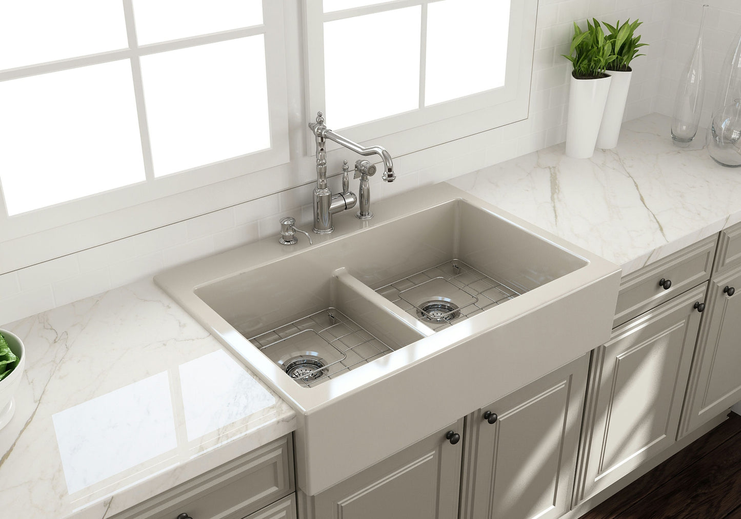 Nuova Apron Front Drop-In Fireclay 34" 50/50 Double Bowl Kitchen Sink in Biscuit