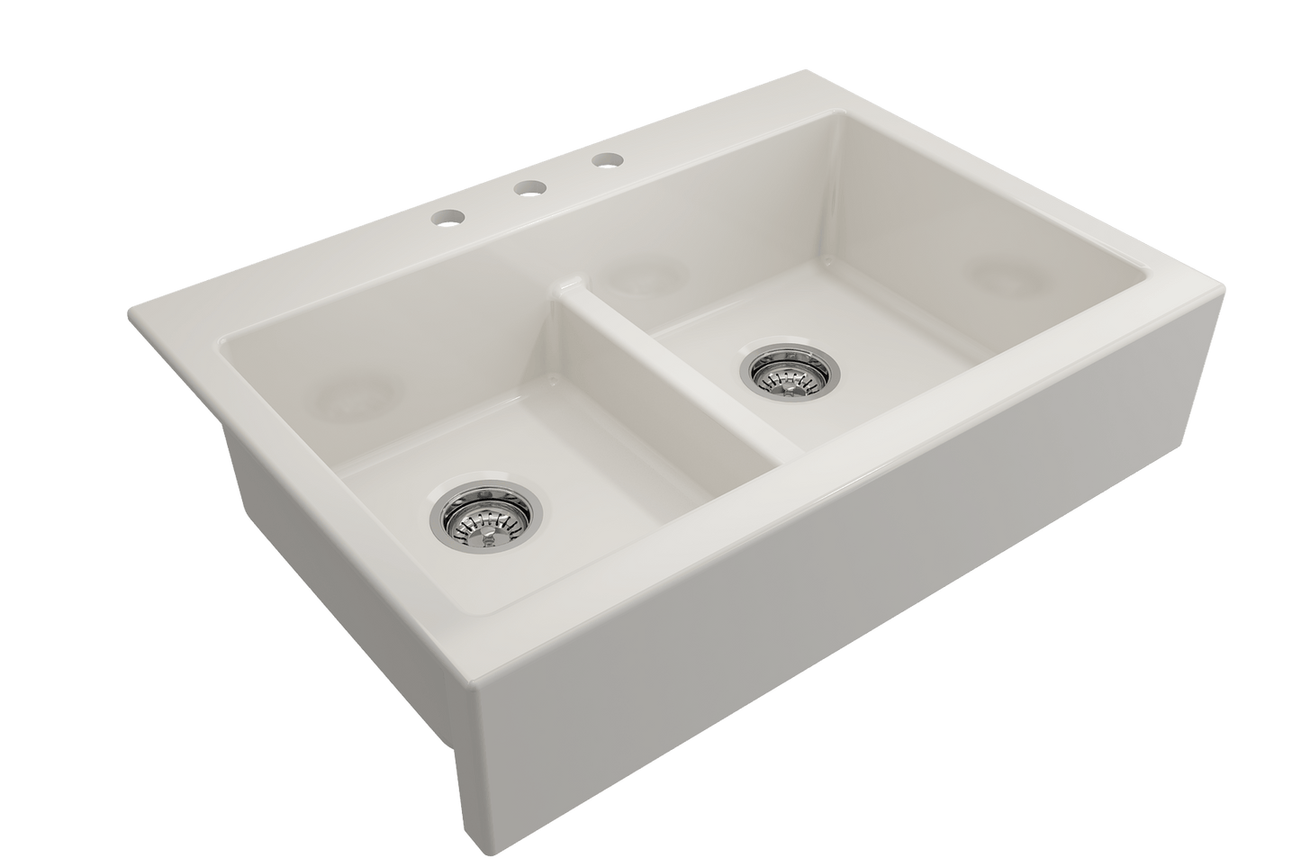 Nuova Apron Front Drop-In Fireclay 34" 50/50 Double Bowl Kitchen Sink in Biscuit