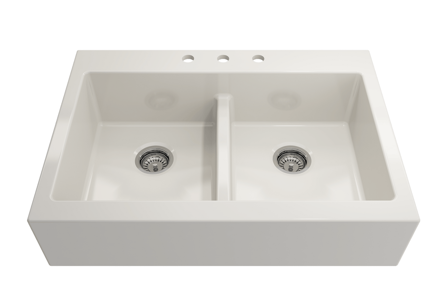Nuova Apron Front Drop-In Fireclay 34" 50/50 Double Bowl Kitchen Sink in Biscuit