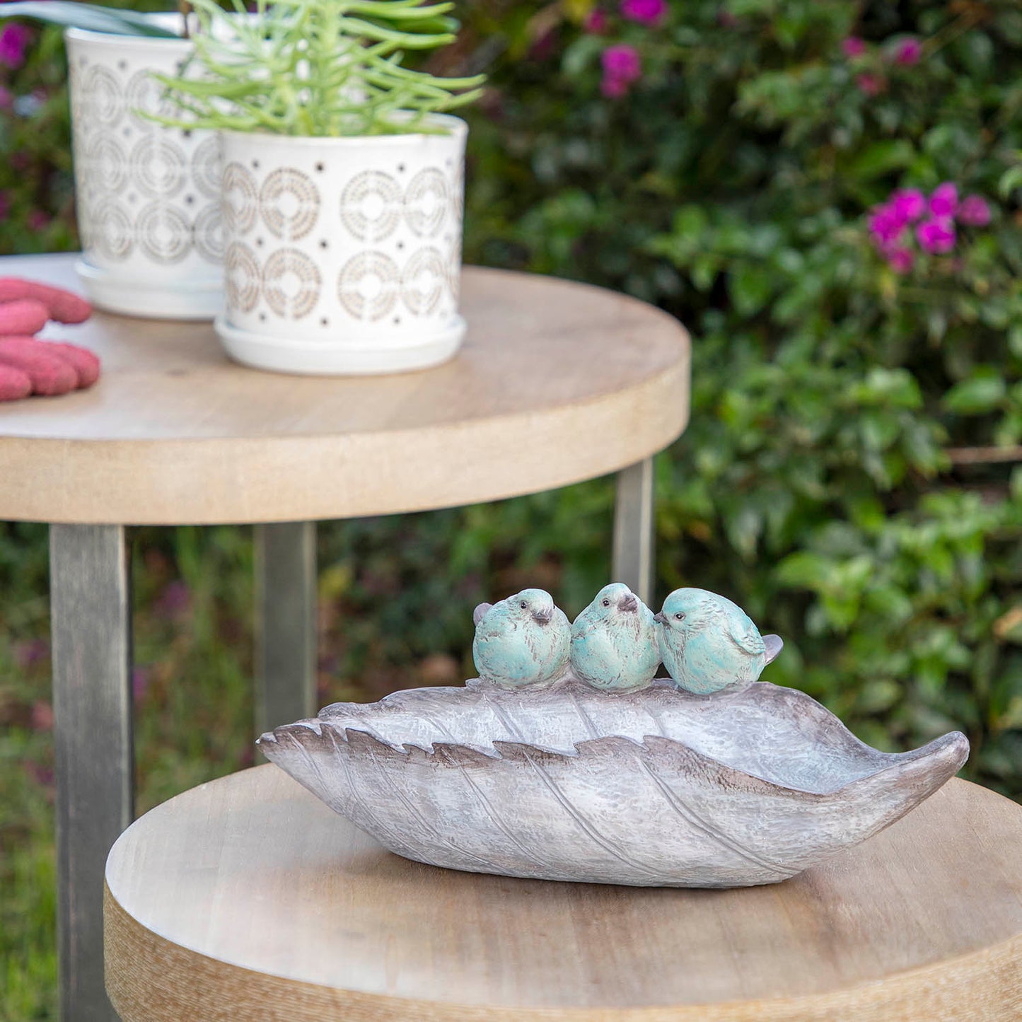 Polyresin 13" Bird Trio Leaf Decor, Gray/blue