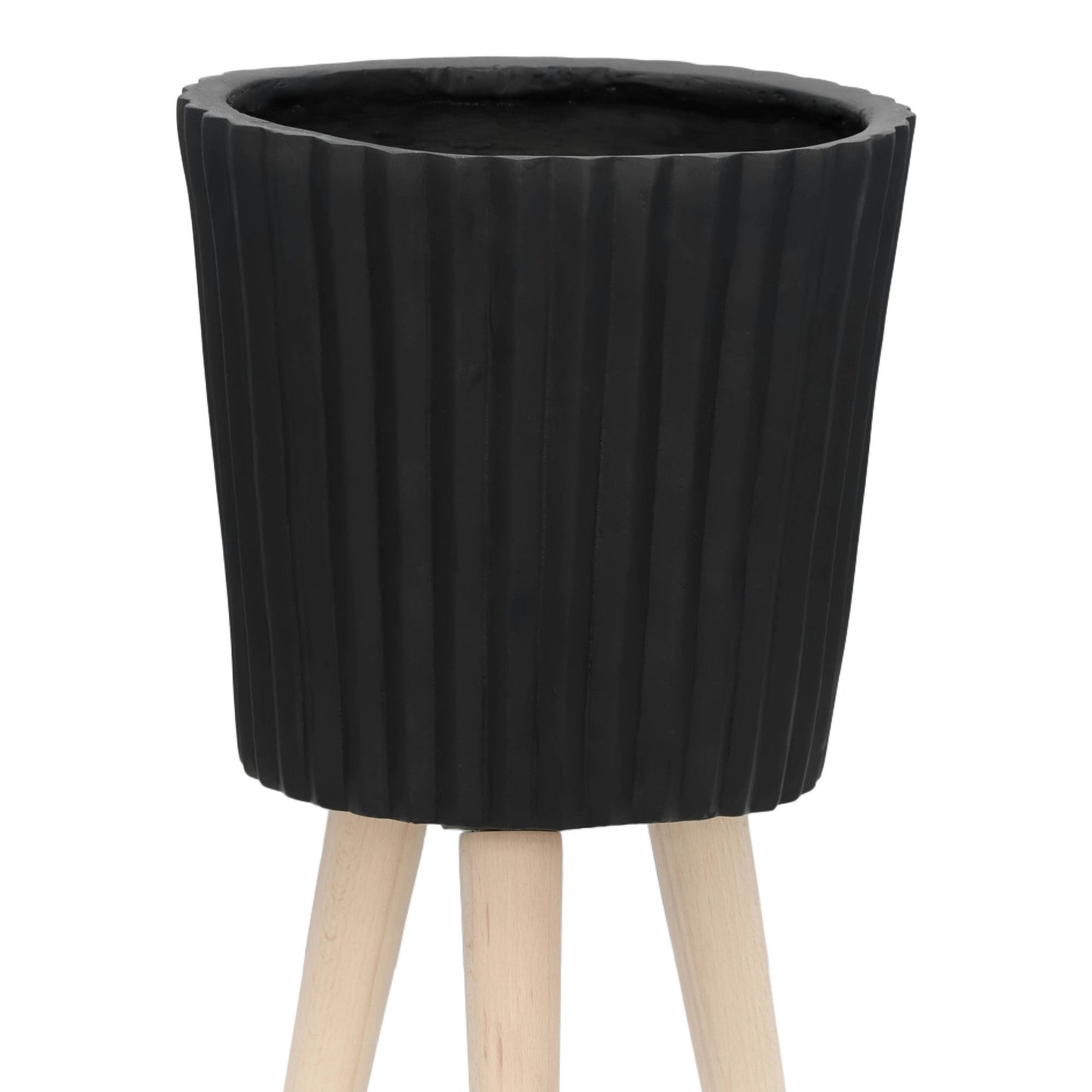 S/2 10/12" Ridged Planter W/ Wood Legs, Black (kd)