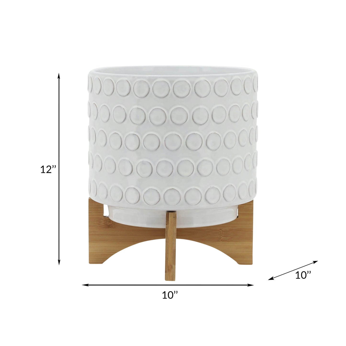 Ceramic 10" Planter On Wooden Stand, Ivory