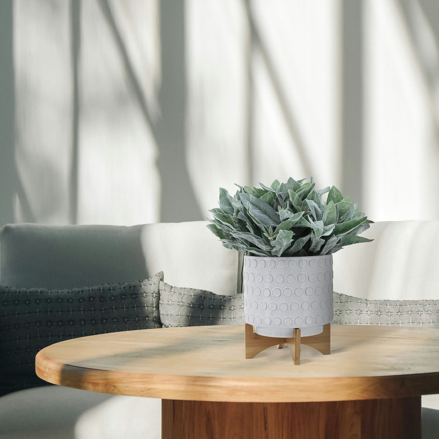 Ceramic 10" Planter On Wooden Stand, Ivory