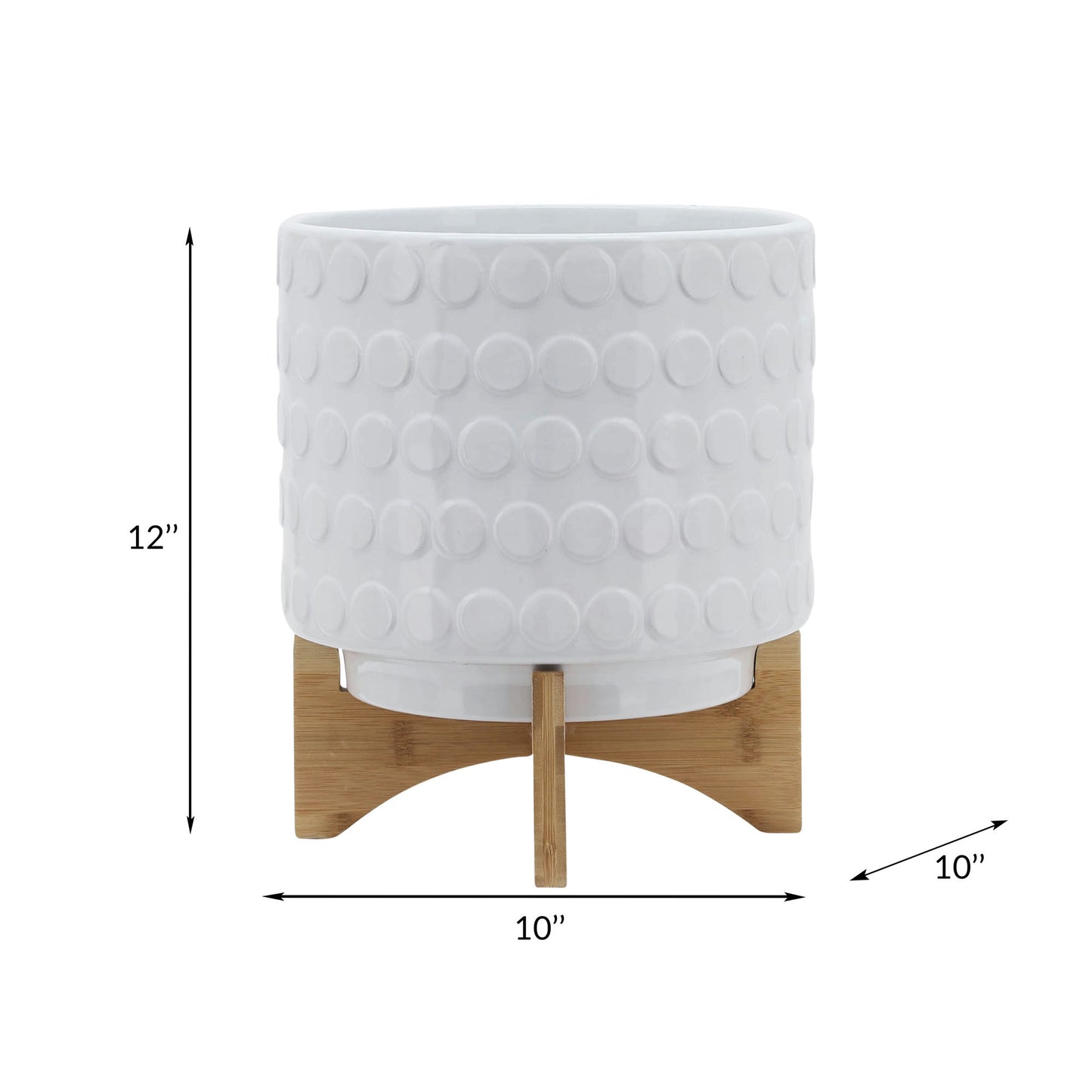 Ceramic 10" Planter On Wooden Stand, White