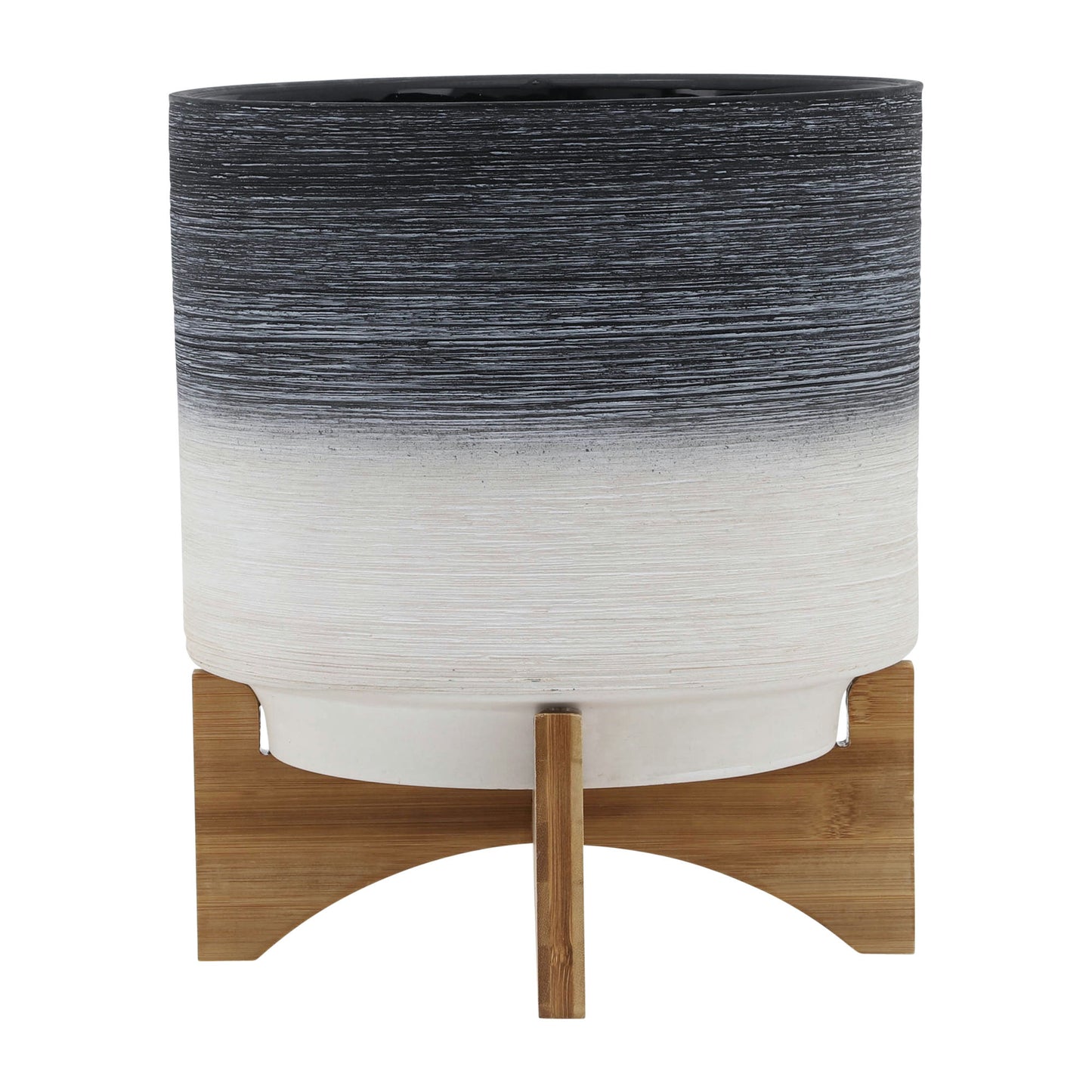 Ceramic 10" Planter On Wooden Stand, Gray