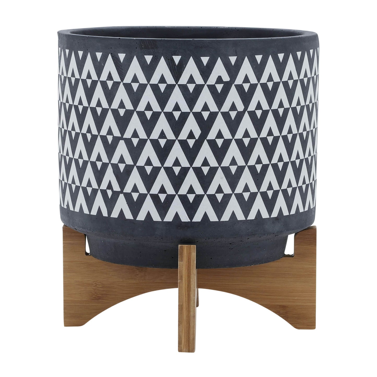 Ceramic 10" Aztec Planter On Wooden Stand, Gray & White