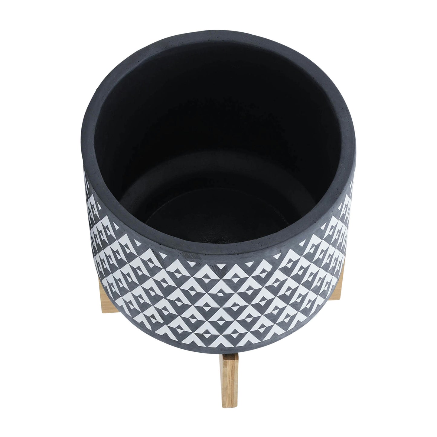 Ceramic 10" Aztec Planter On Wooden Stand, Gray & White