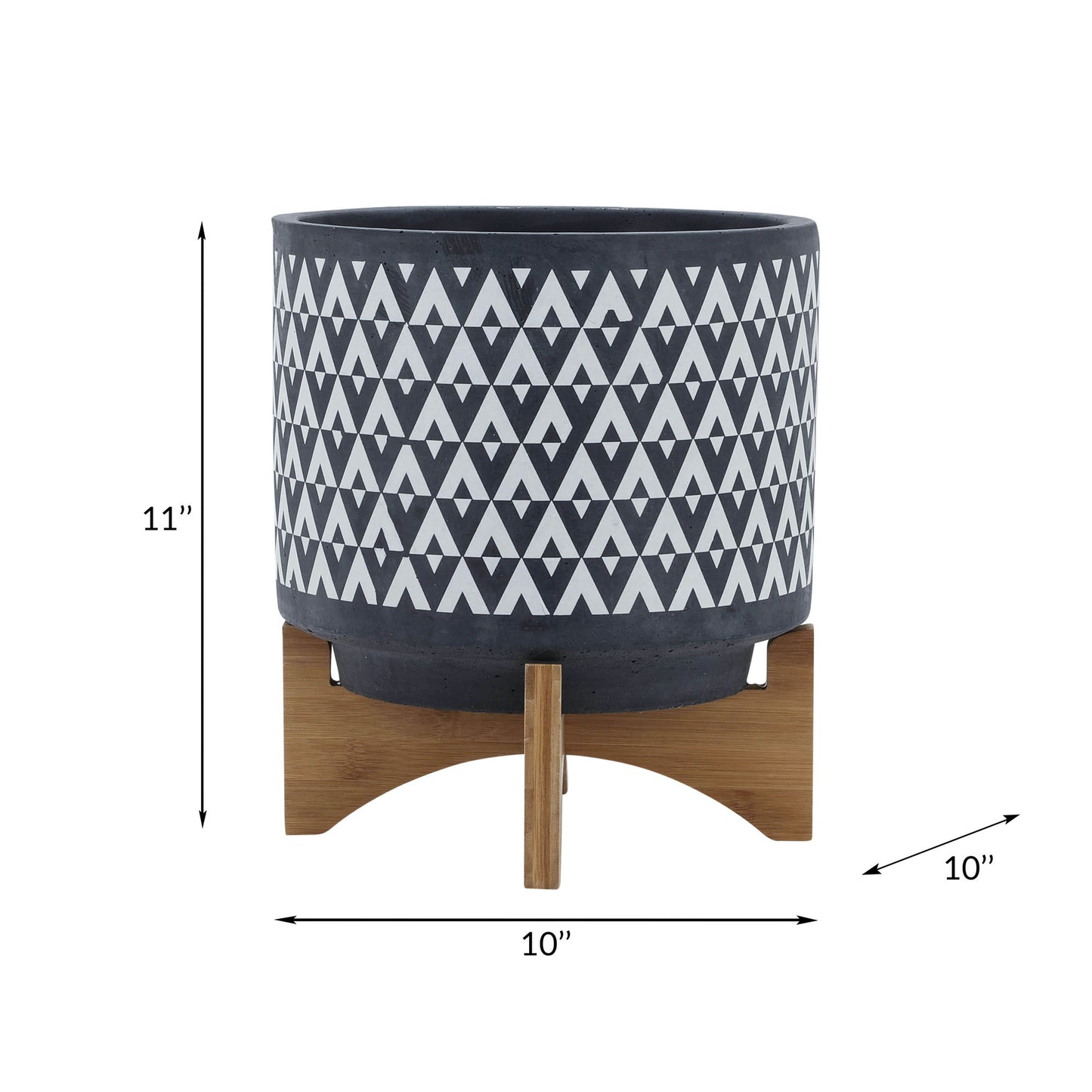 Ceramic 10" Aztec Planter On Wooden Stand, Gray & White