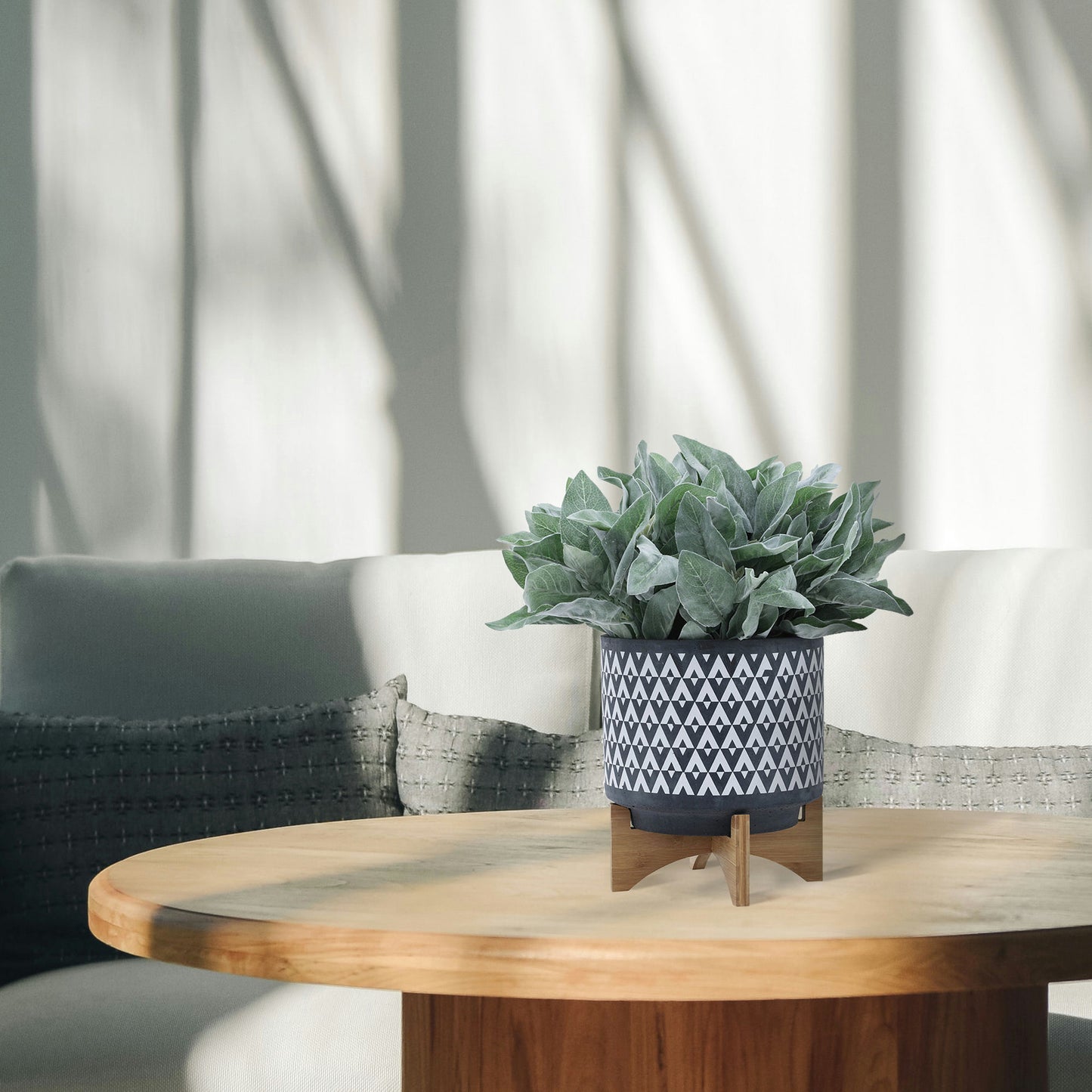 Ceramic 10" Aztec Planter On Wooden Stand, Gray & White