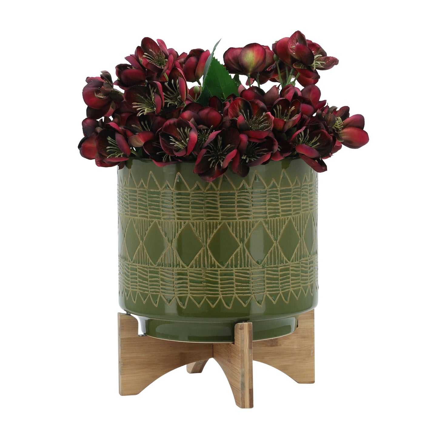 Ceramic 10" Aztec Planter On Wooden Stand, Olive