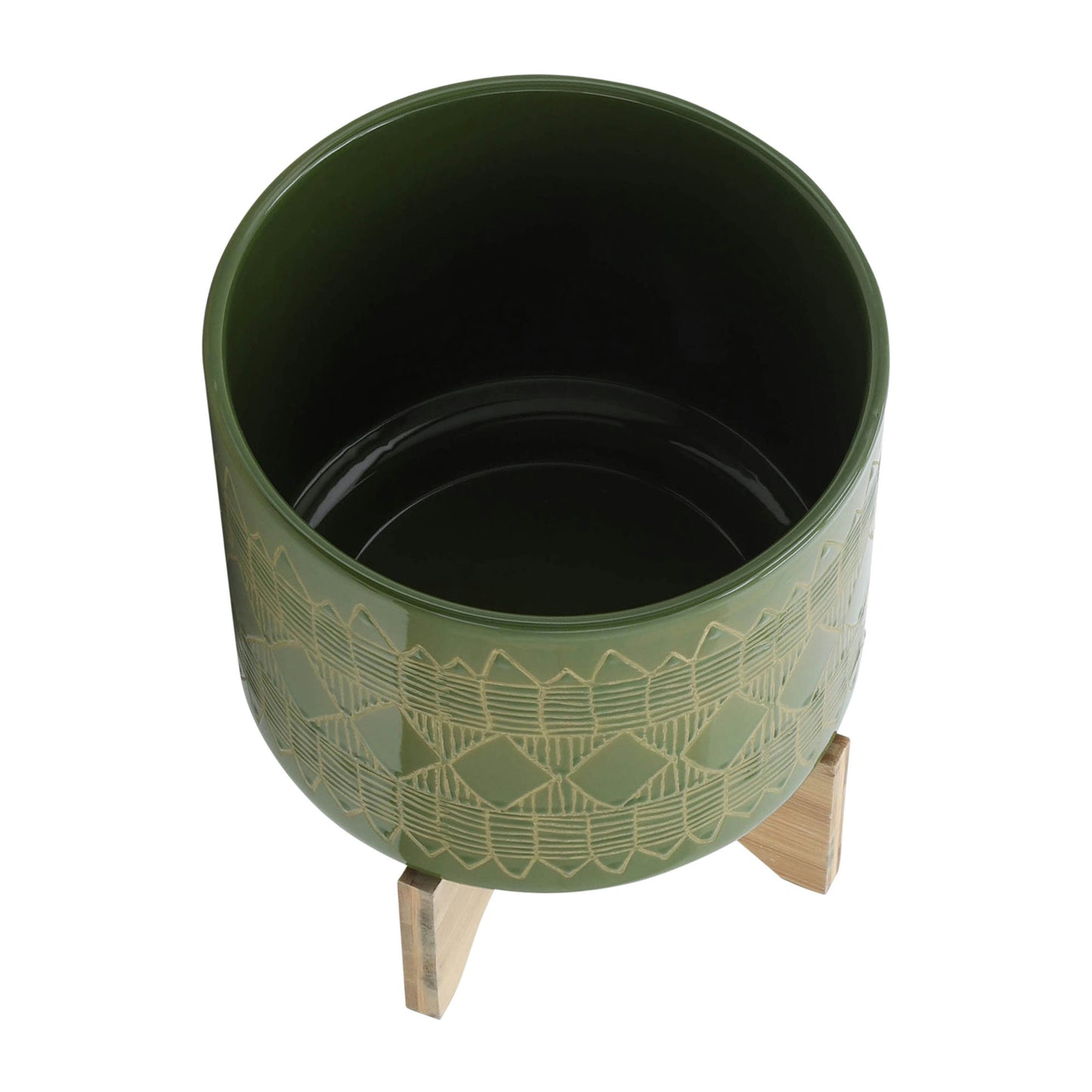 Ceramic 10" Aztec Planter On Wooden Stand, Olive