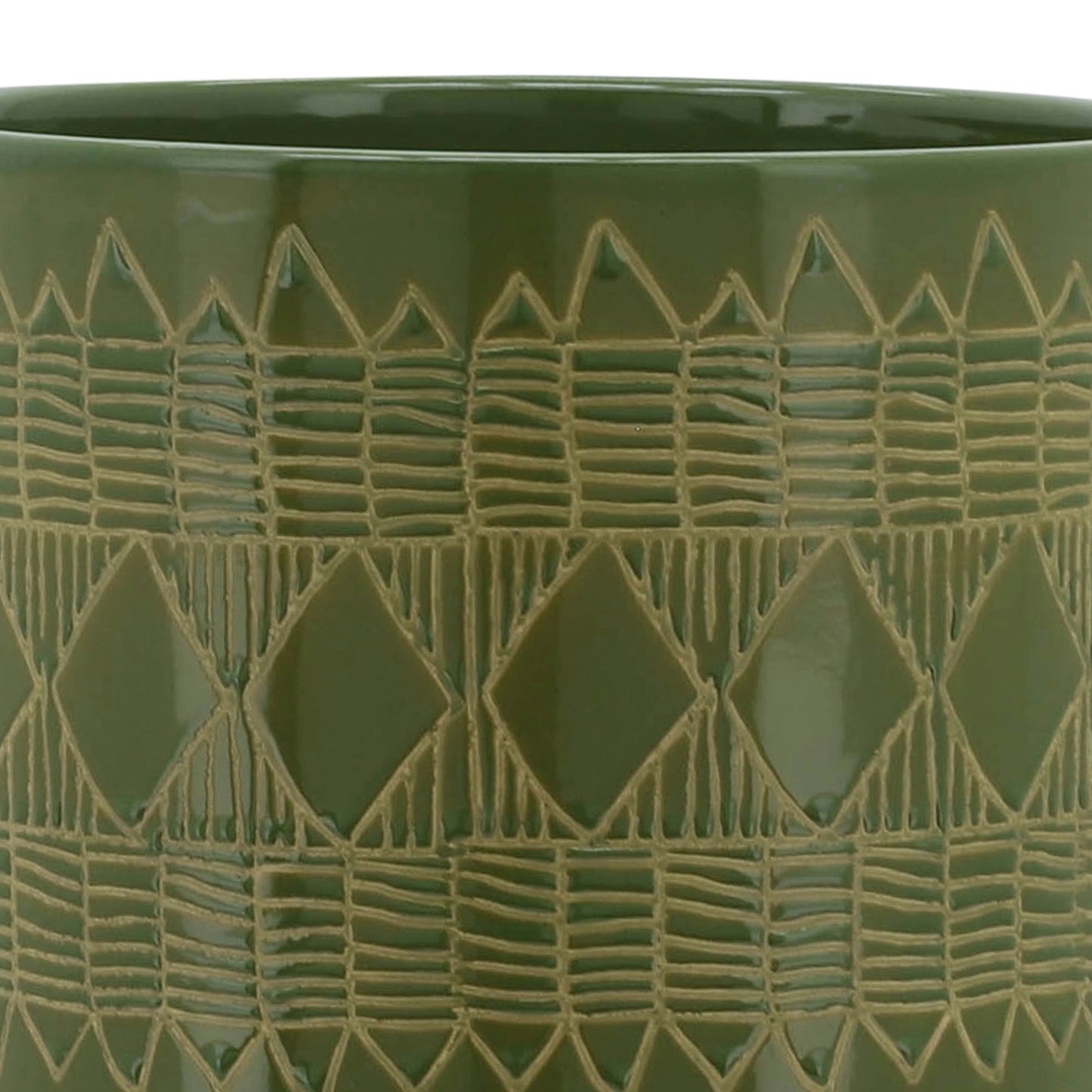 Ceramic 10" Aztec Planter On Wooden Stand, Olive