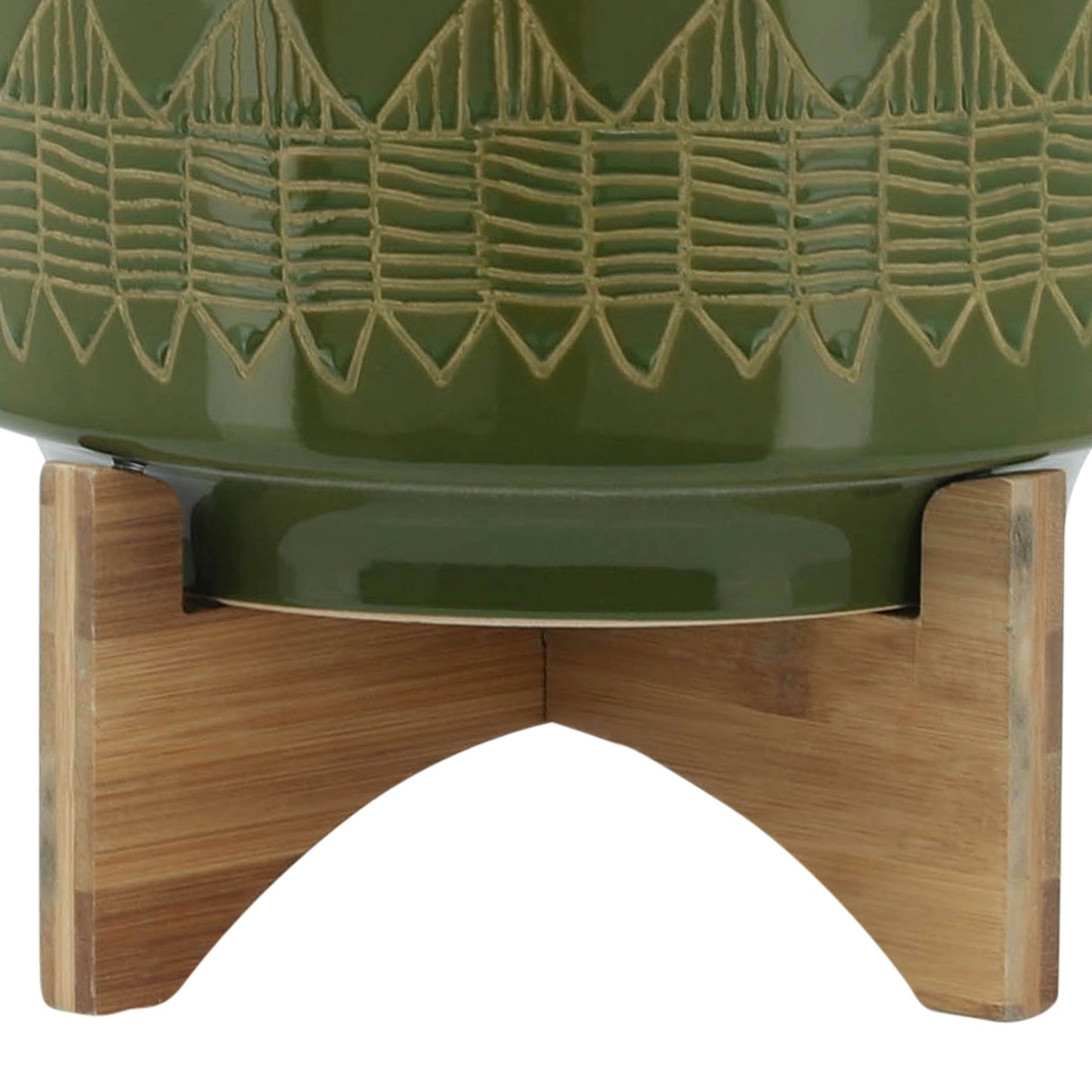 Ceramic 10" Aztec Planter On Wooden Stand, Olive