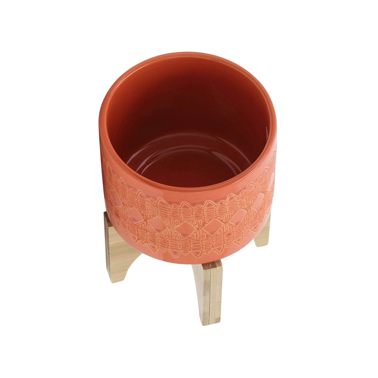 Ceramic 5" Aztec Planter On Wooden Stand, Orange & White