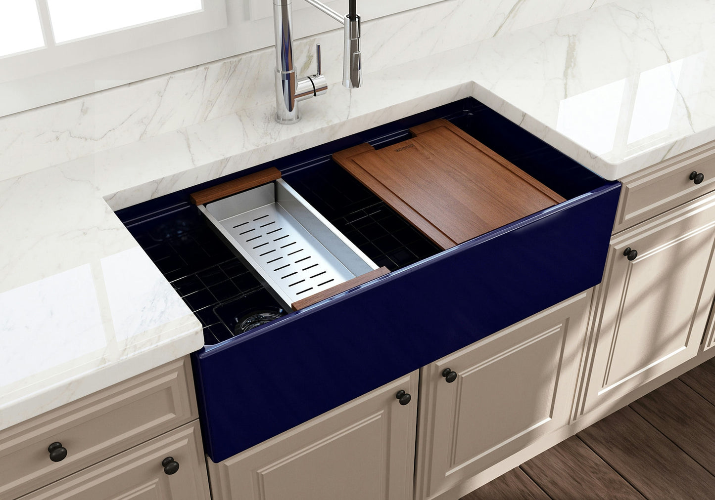Contempo Step-Rim Apron Front Fireclay 36" Single Bowl Kitchen Sink in Blue
