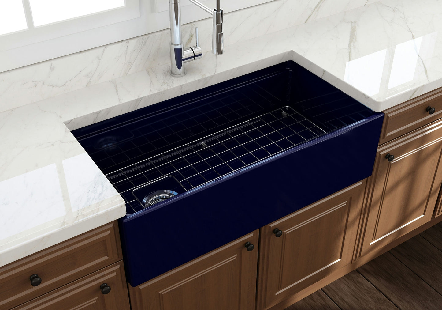 Contempo Step-Rim Apron Front Fireclay 36" Single Bowl Kitchen Sink in Blue