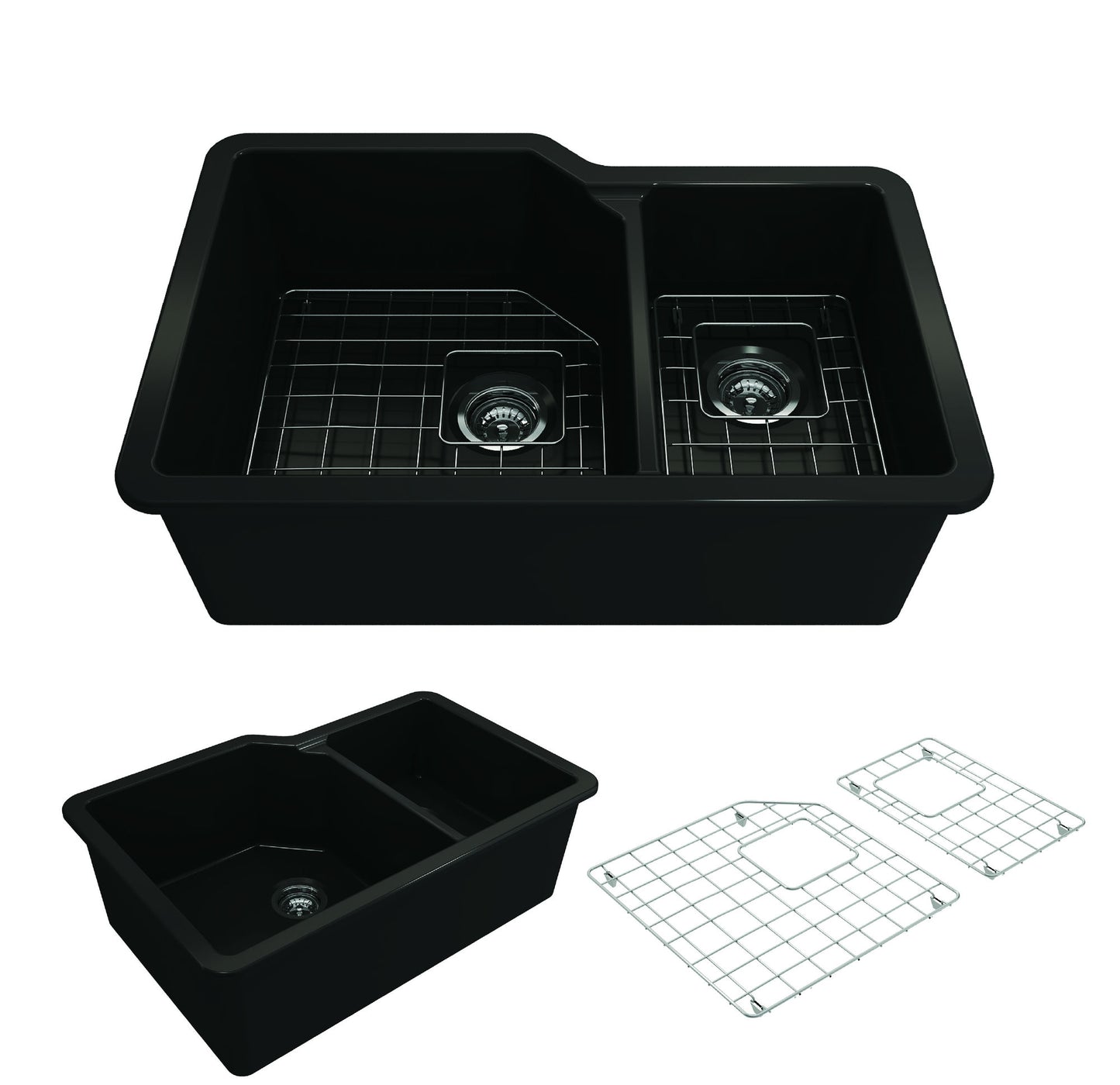 Sotto Dual-Mount Fireclay 33" 60/40 Double Bowl Kitchen Sink in Matte Black