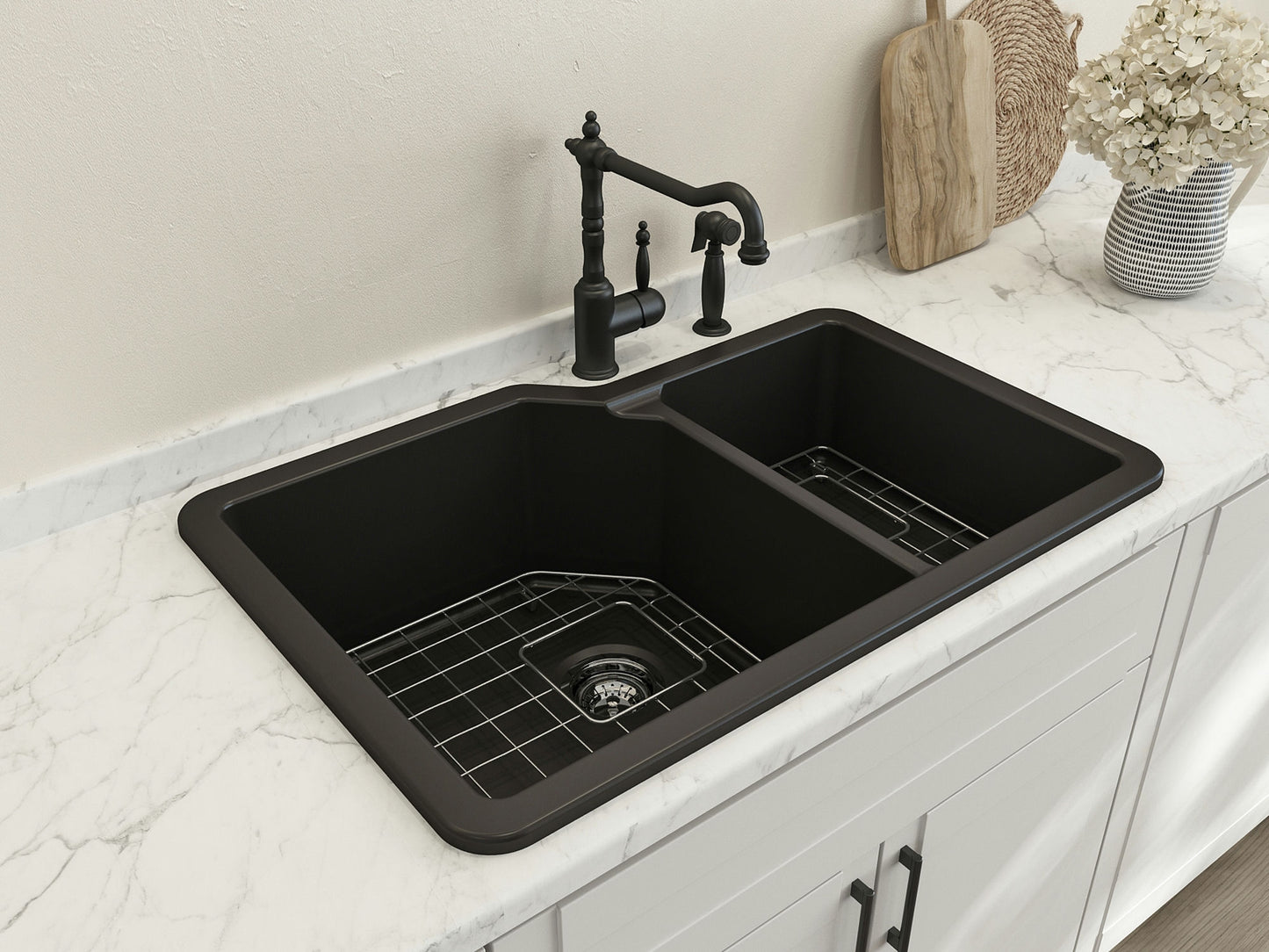 Sotto Dual-Mount Fireclay 33" 60/40 Double Bowl Kitchen Sink in Matte Black