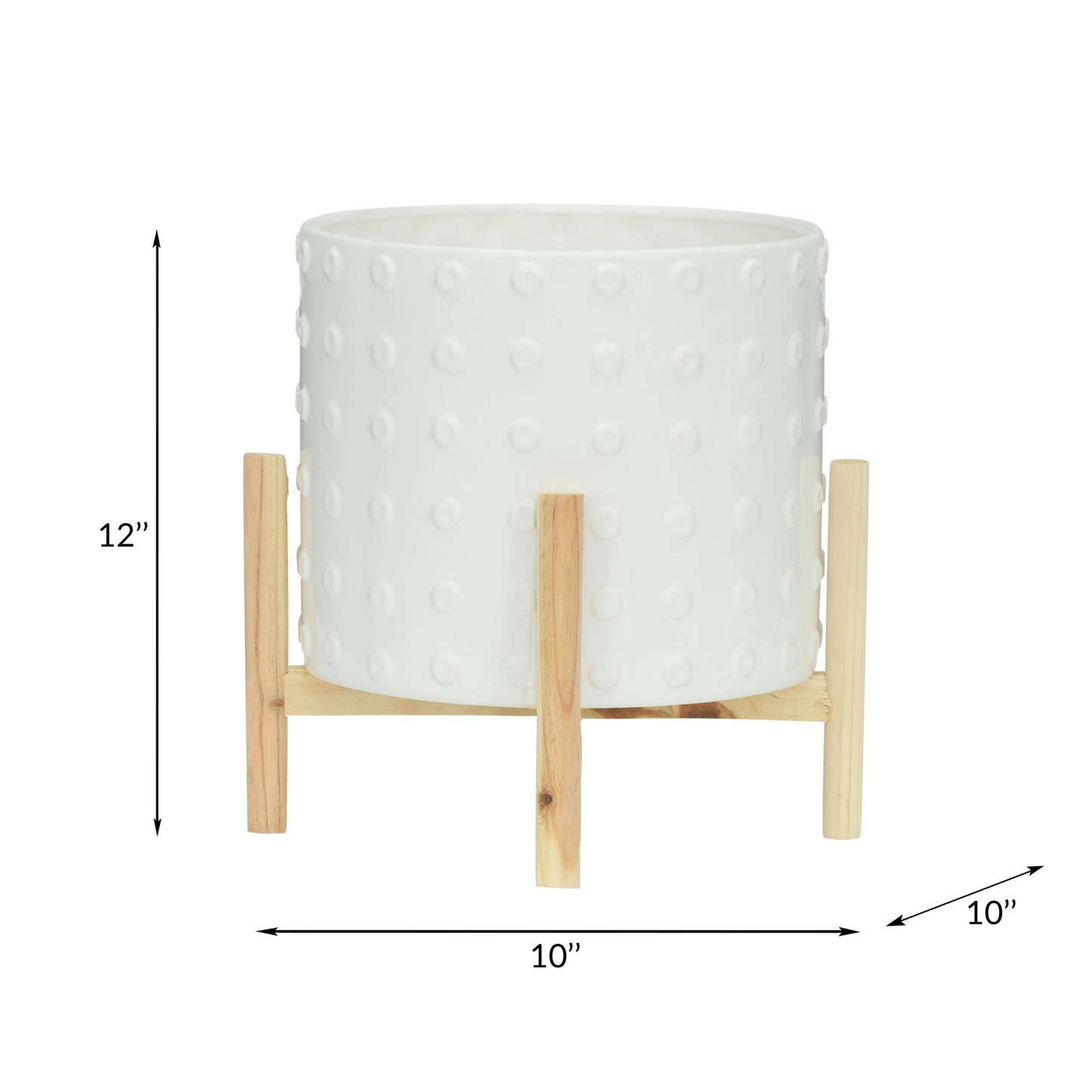 12" Ceramic Dotted Planter W/ Wood Stand, White