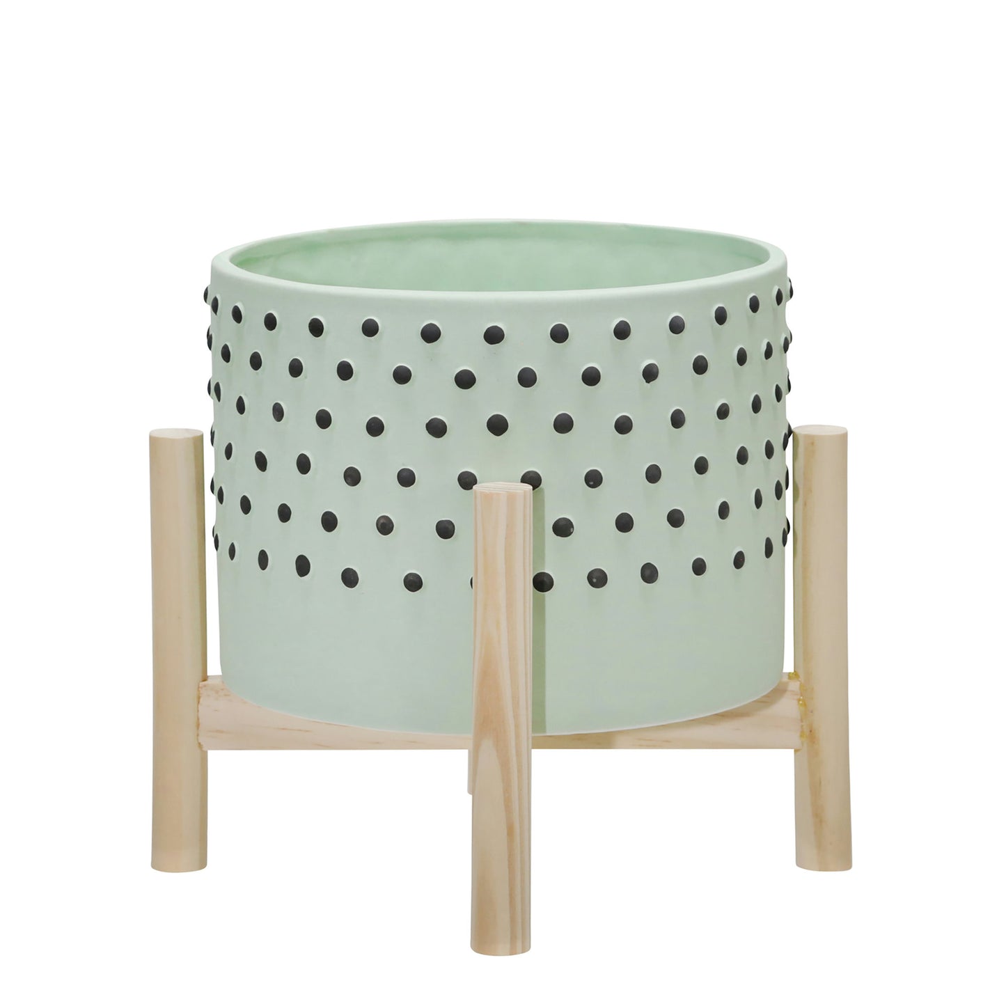 8" Ceramic Dotted Planter W/ Wood Stand, Green
