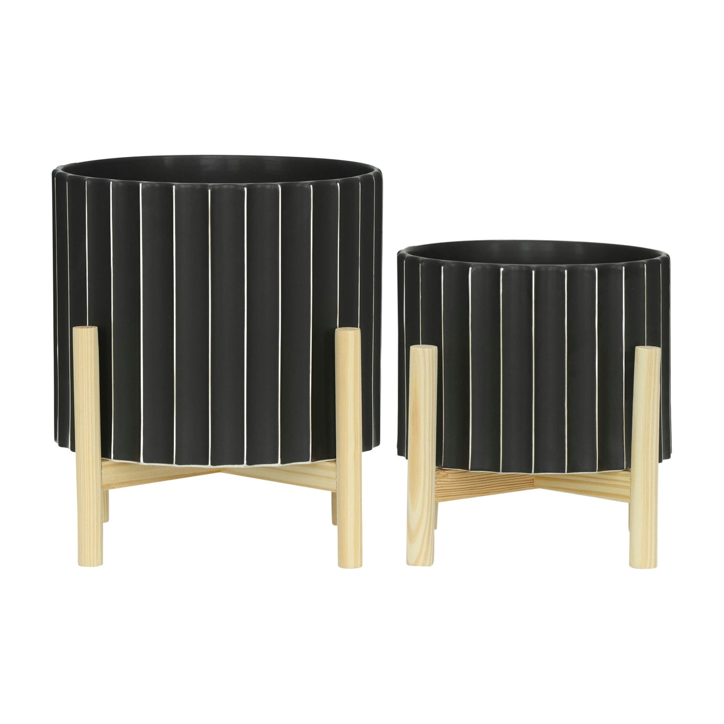 8" Ceramic Fluted Planter W/ Wood Stand, Black