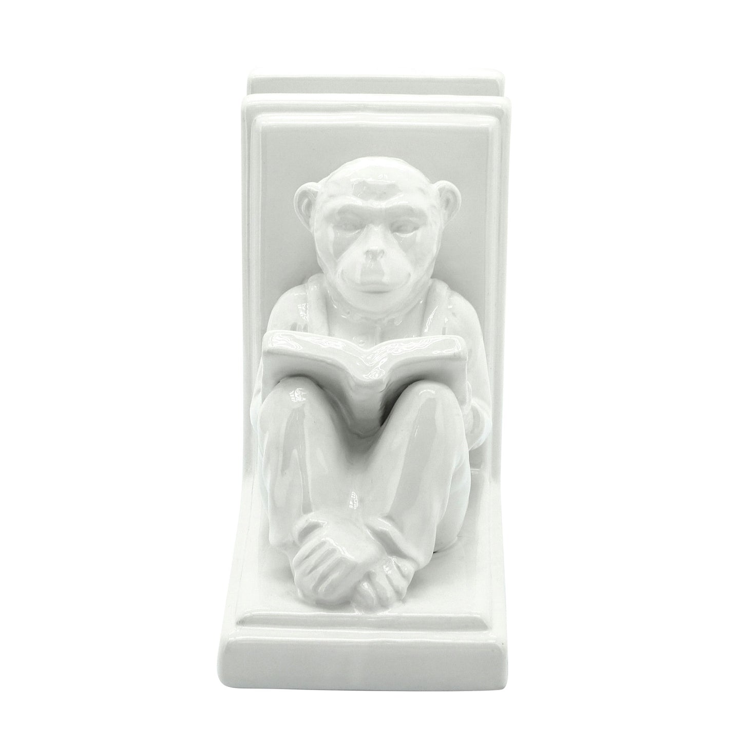 S/2 Ceramic 7"h Reading Monkey Bookends, White