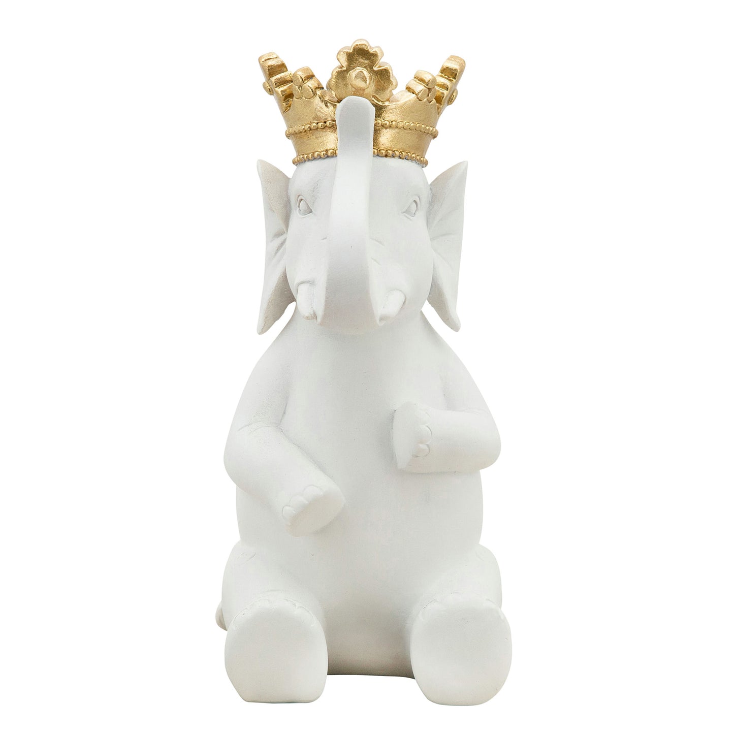 8" Elephant W/ Crown Figurine, White/gold