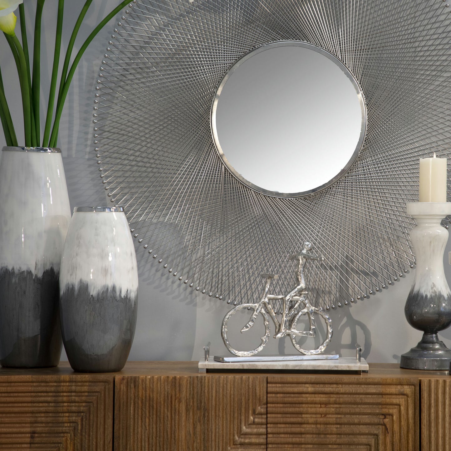 Metal 18" Round Tray W/ Handles, Silver