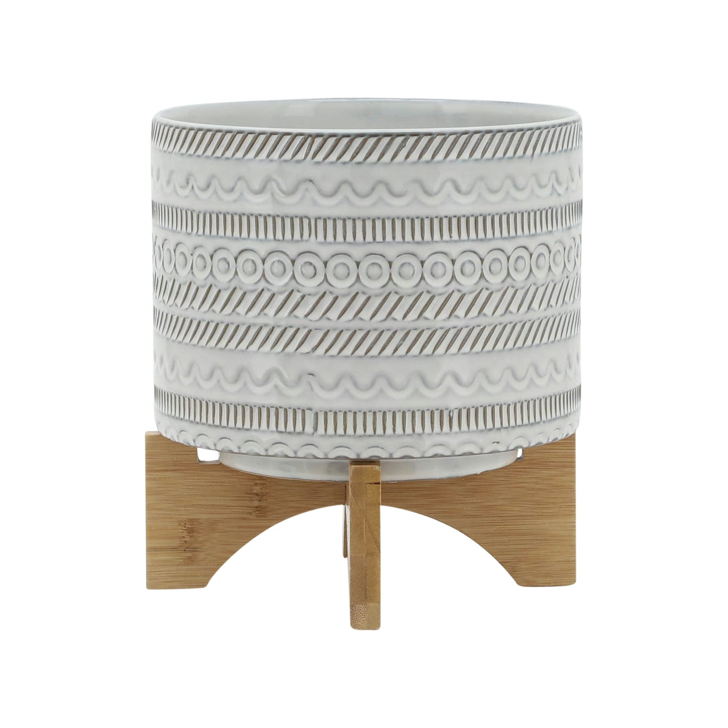 8" Tribal Planter W/ Wood Stand, Beige