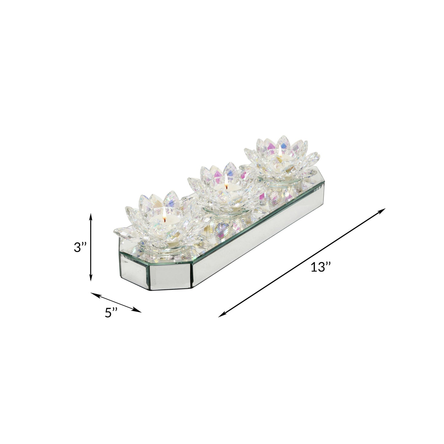 Glass 13" 3 Lotus Mirrored Candle Holder, Rainbow