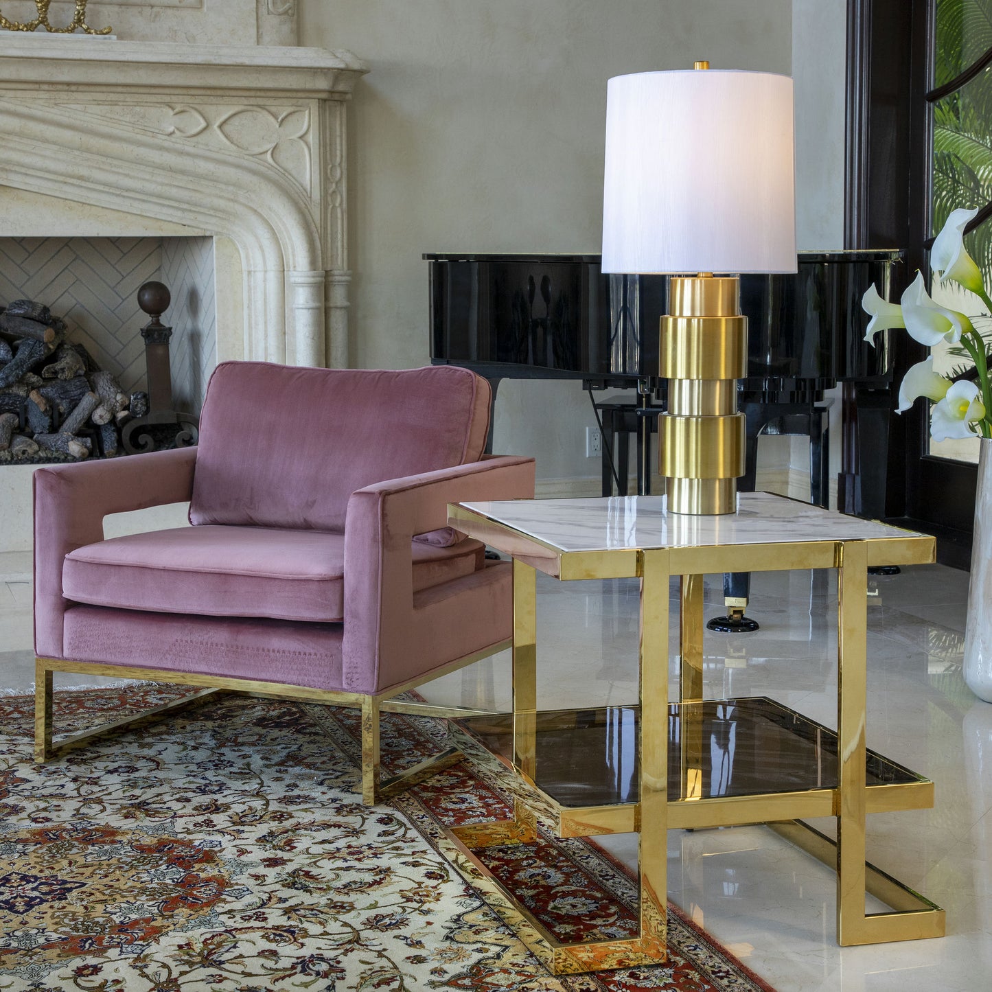 Metal/marble Glass Side Table, Gold/white Kd