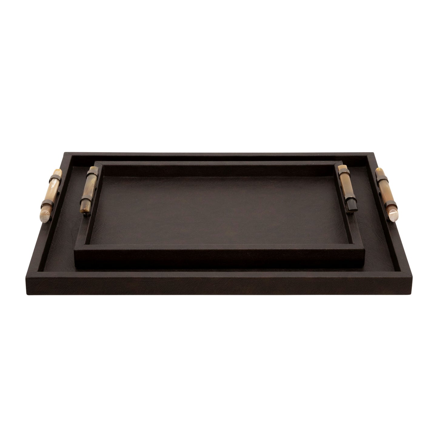 Wood S/2 14/18" Faux Leather Tray, Brown